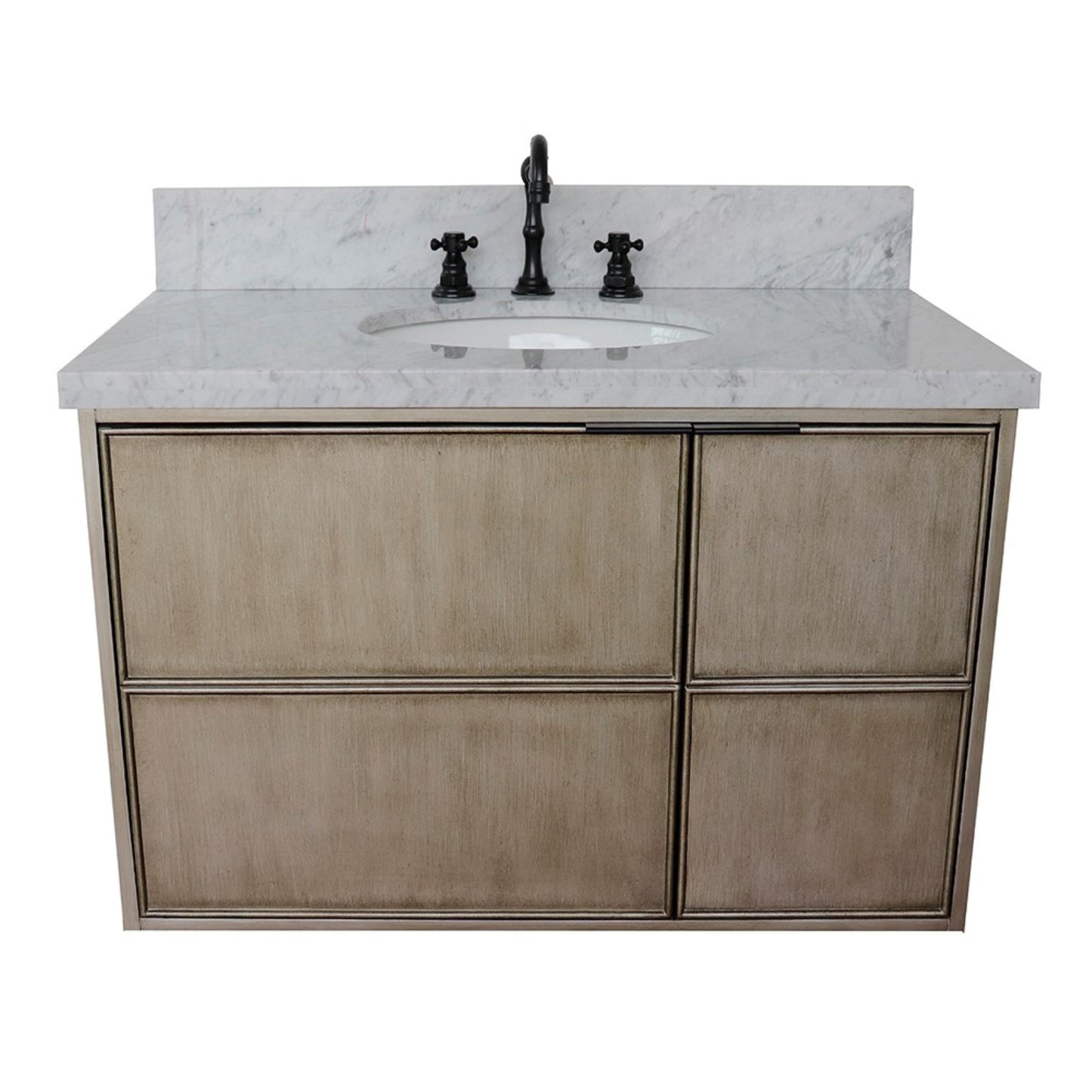 37" Single wall mount vanity in Linen Brown finish with White Carrara top and oval sink