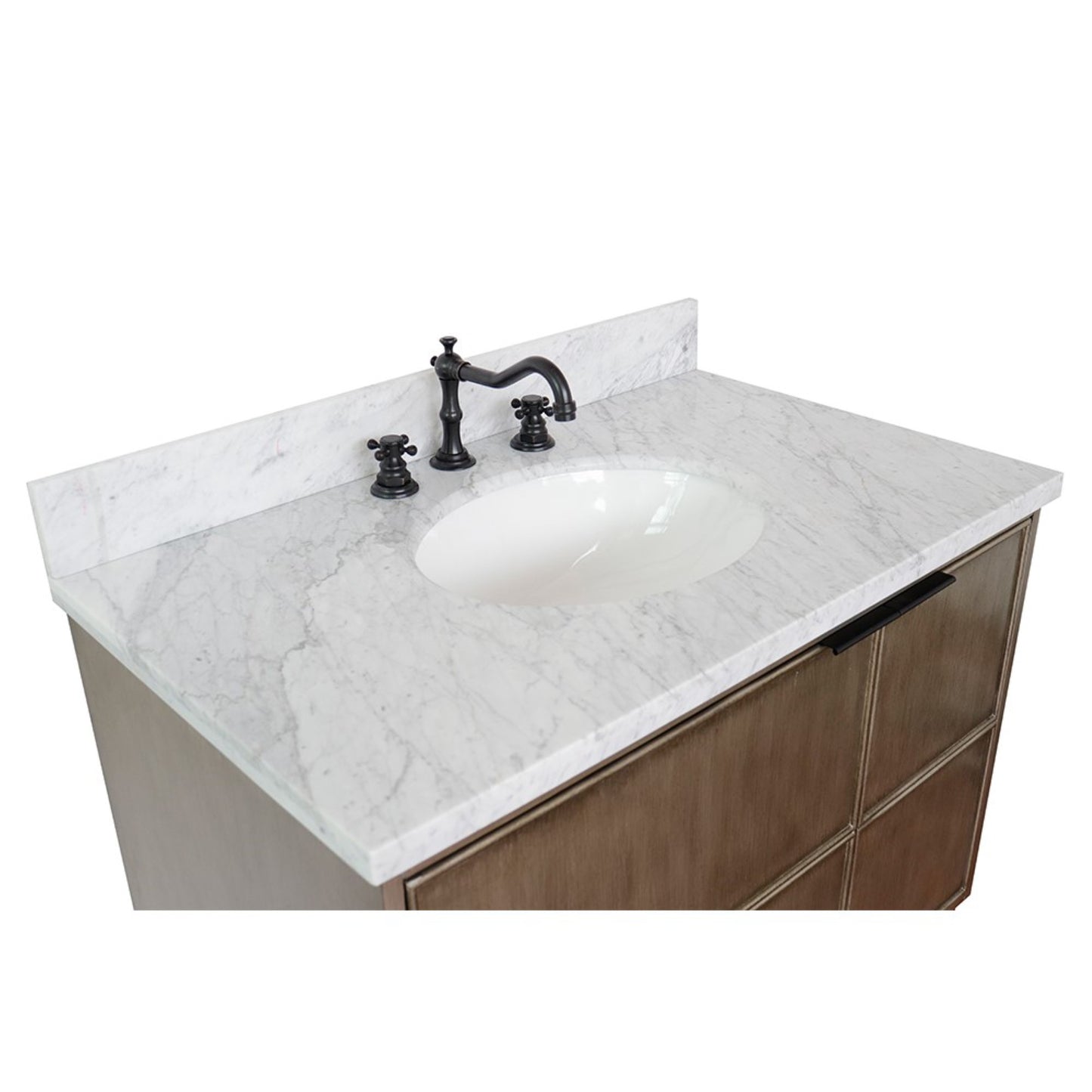 37" Single wall mount vanity in Linen Brown finish with White Carrara top and oval sink
