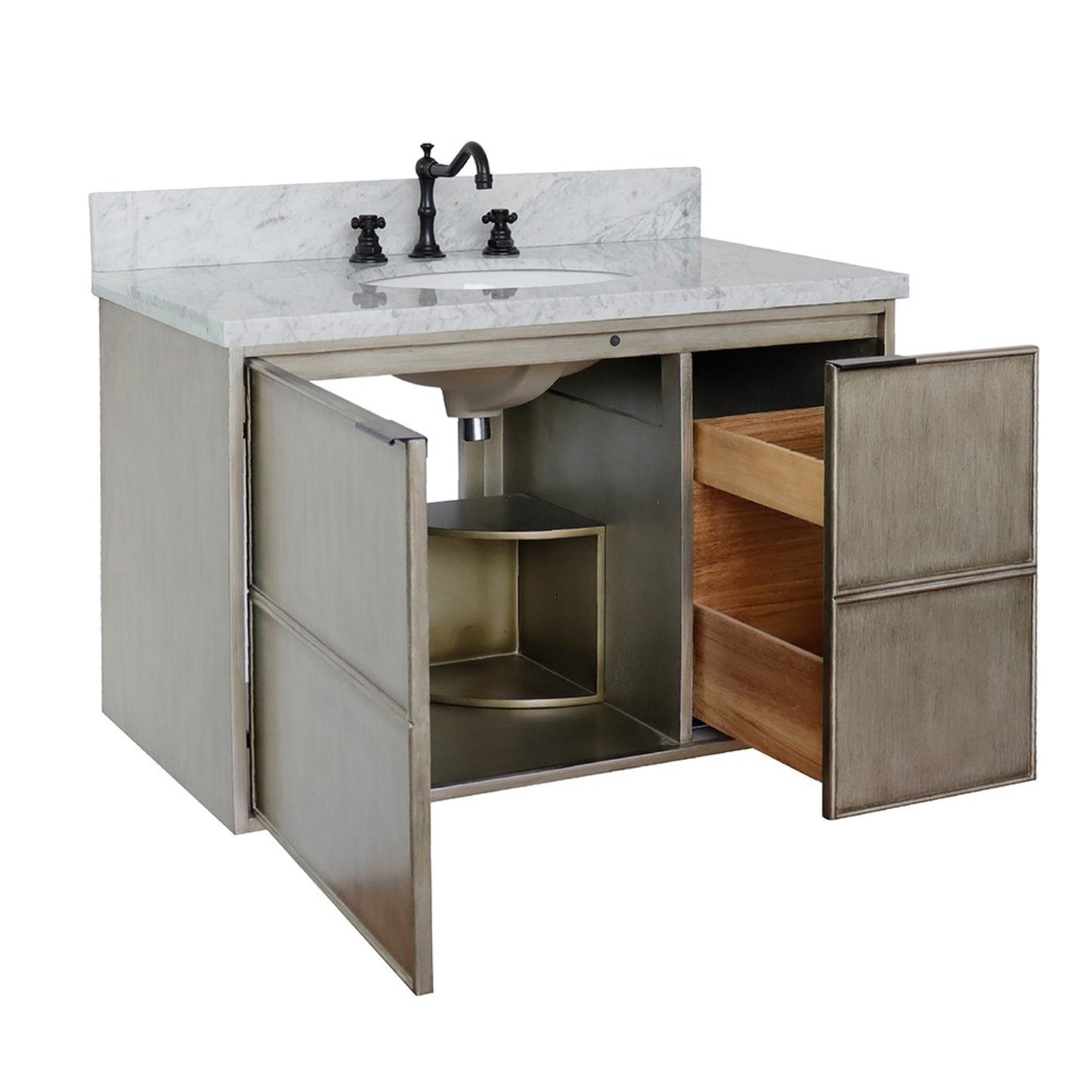 37" Single wall mount vanity in Linen Brown finish with White Carrara top and oval sink