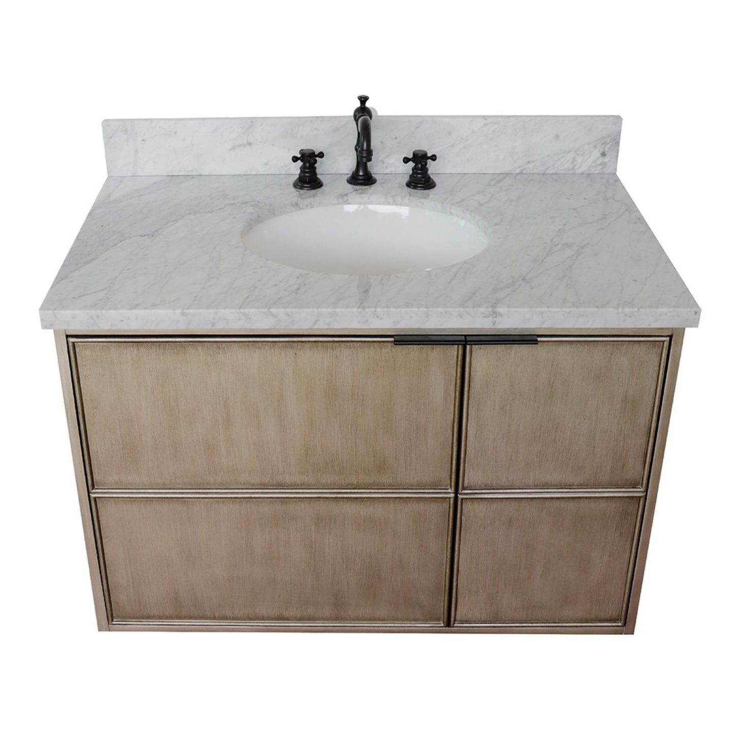37" Single wall mount vanity in Linen Brown finish with White Carrara top and oval sink