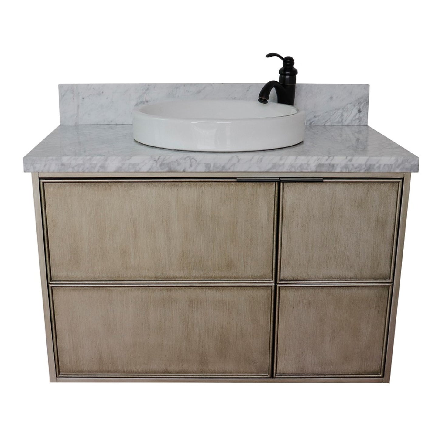 37" Single wall mount vanity in Linen Brown finish with White Carrara top and round sink
