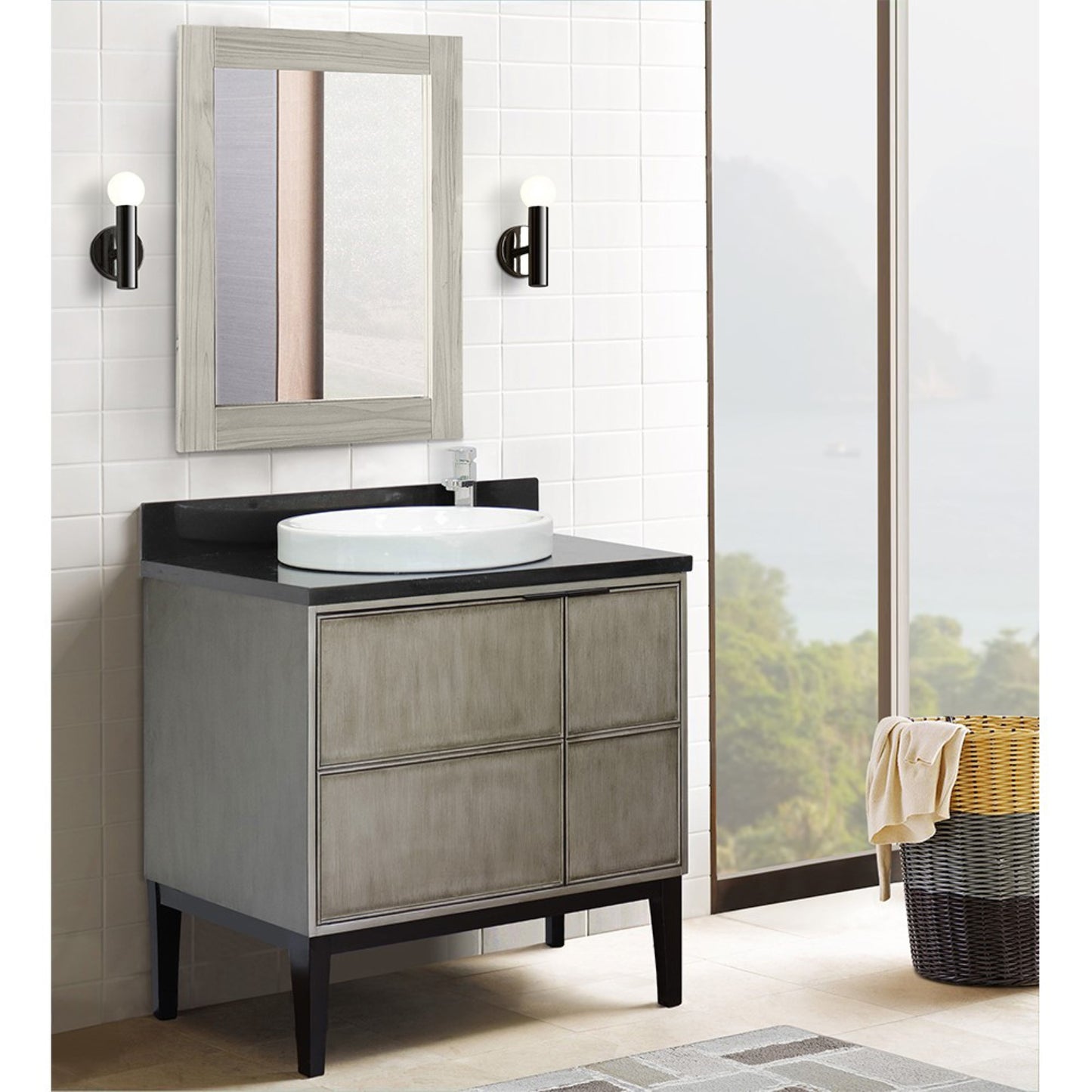 37" Single vanity in Linen Brown finish with Black Galaxy top and round sink