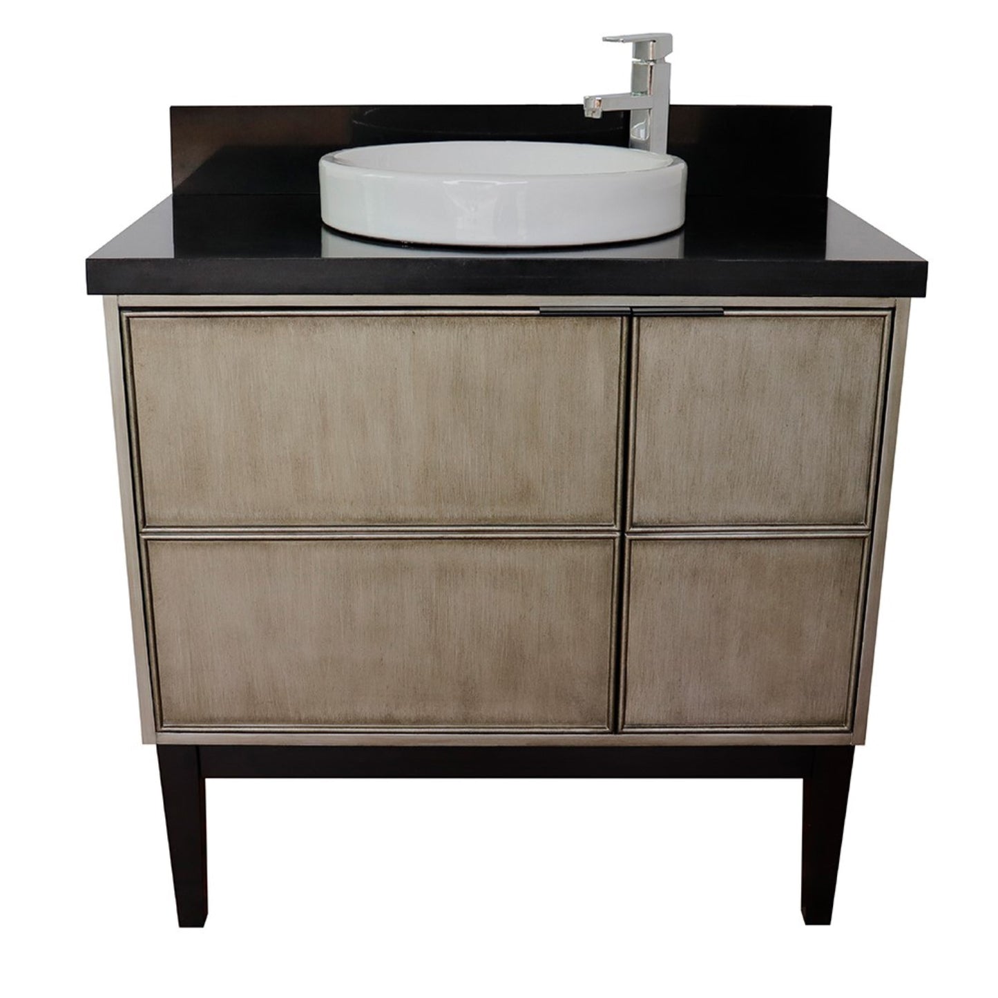 37" Single vanity in Linen Brown finish with Black Galaxy top and round sink