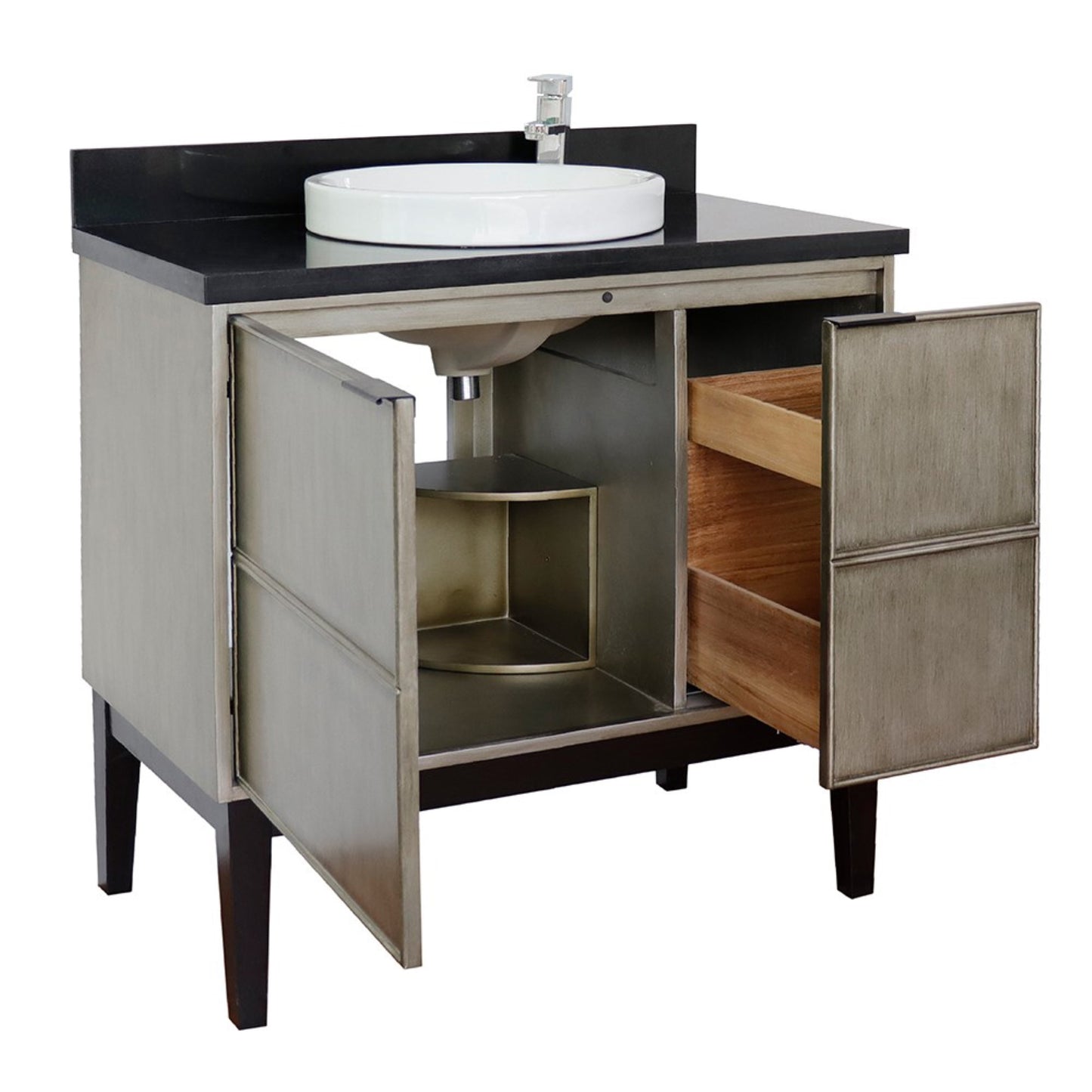 37" Single vanity in Linen Brown finish with Black Galaxy top and round sink