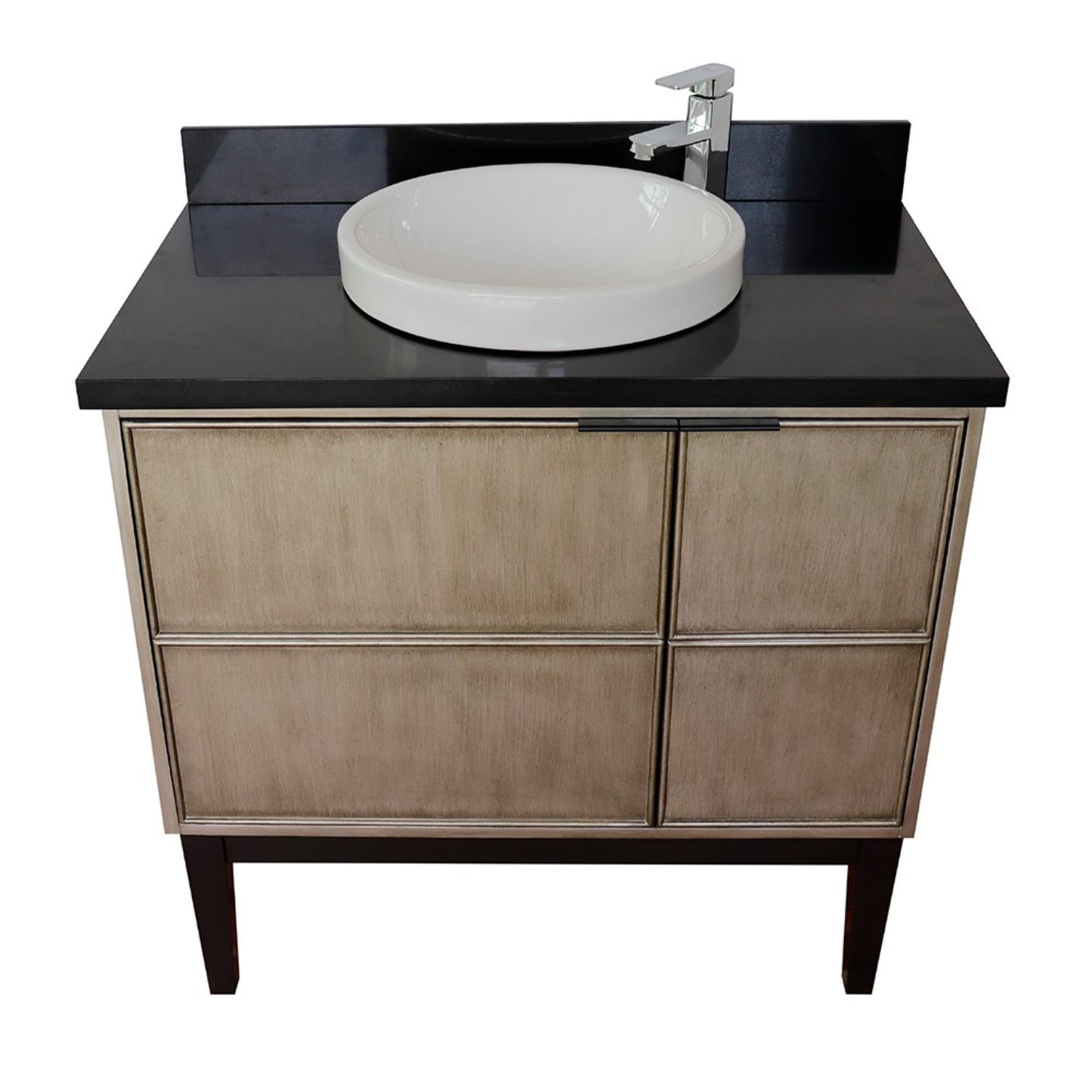 37" Single vanity in Linen Brown finish with Black Galaxy top and round sink