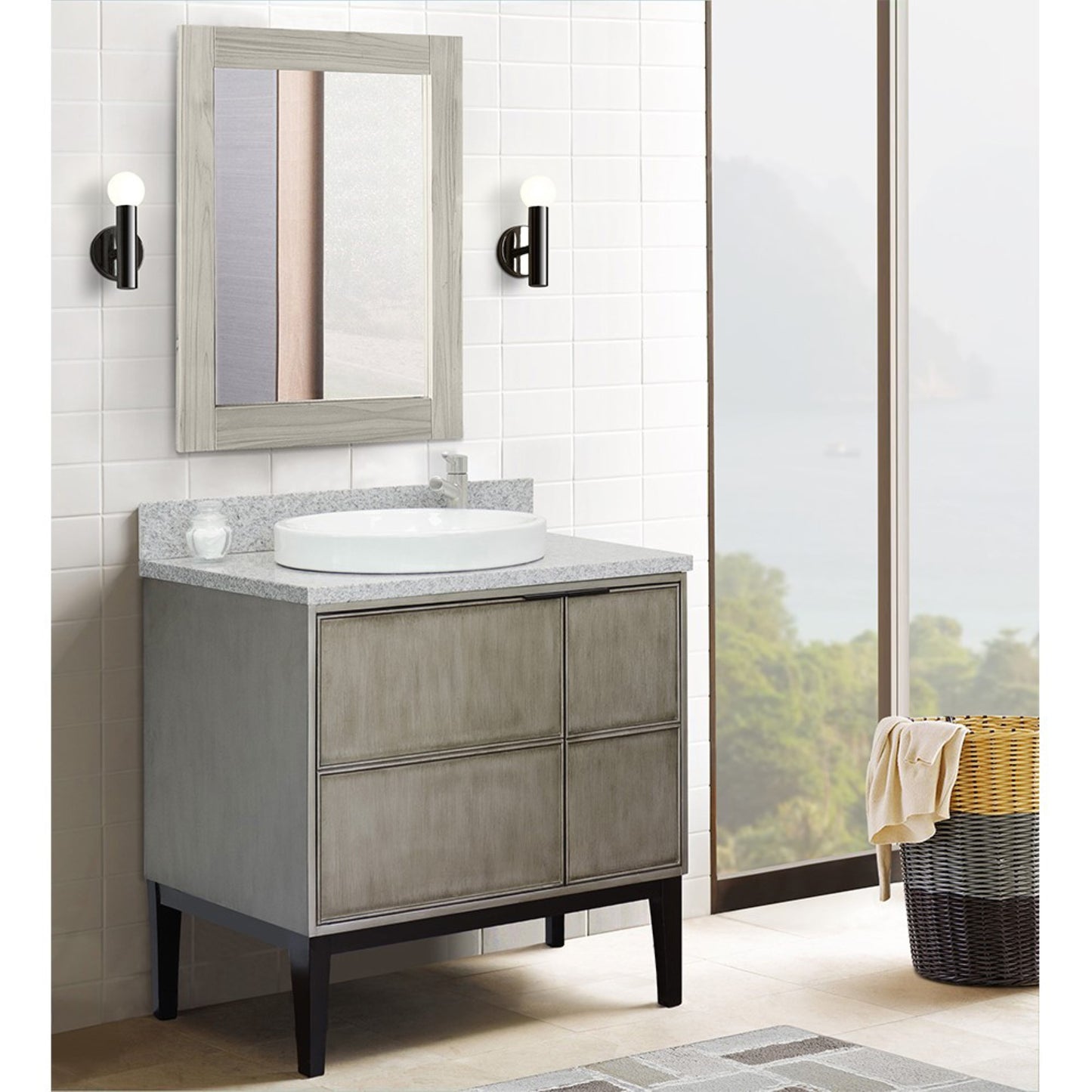 37" Single vanity in Linen Brown finish with Gray granite top and round sink