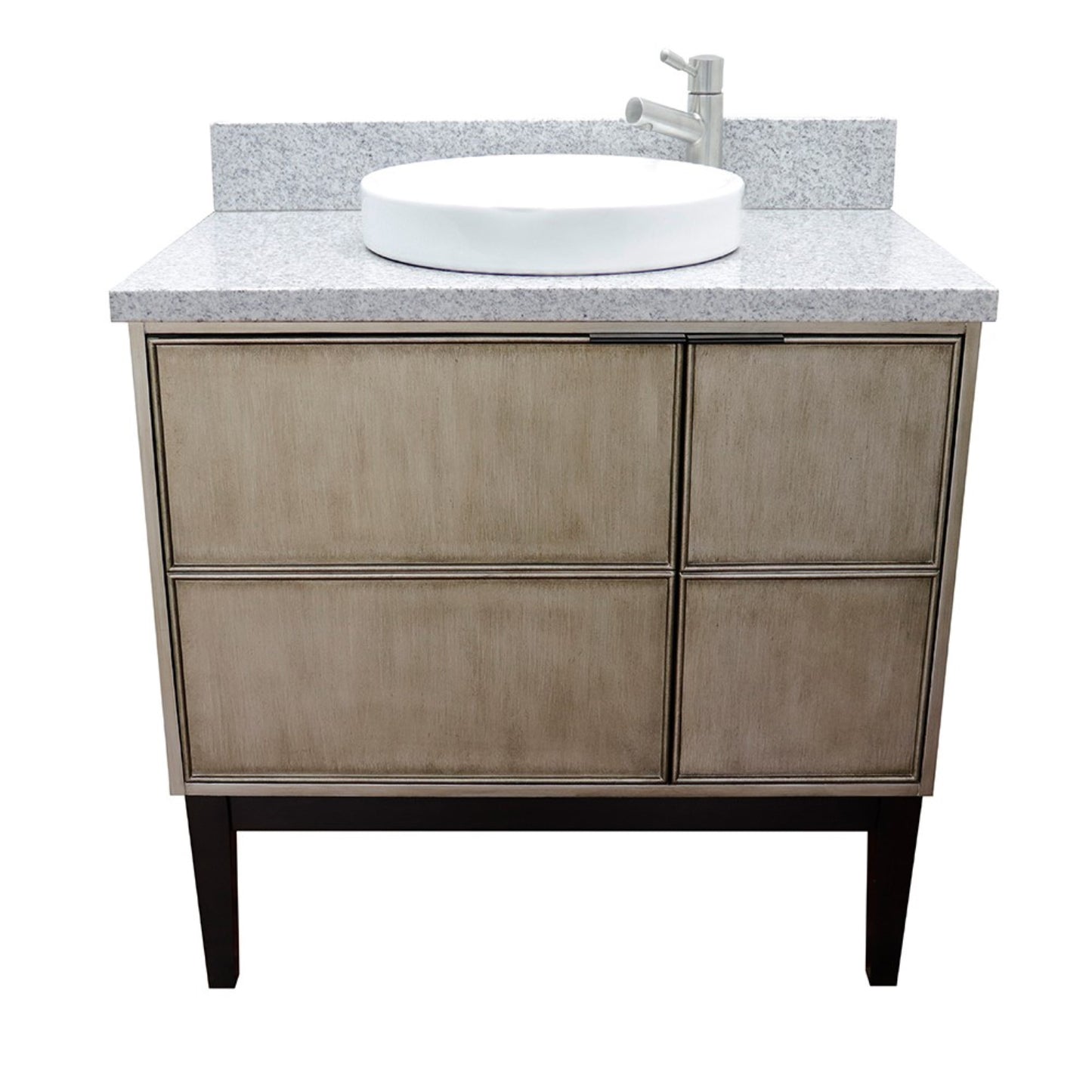 37" Single vanity in Linen Brown finish with Gray granite top and round sink