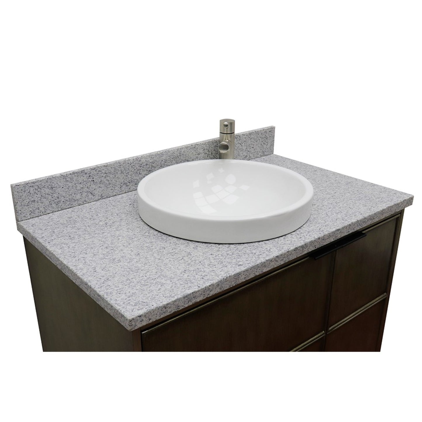 37" Single vanity in Linen Brown finish with Gray granite top and round sink