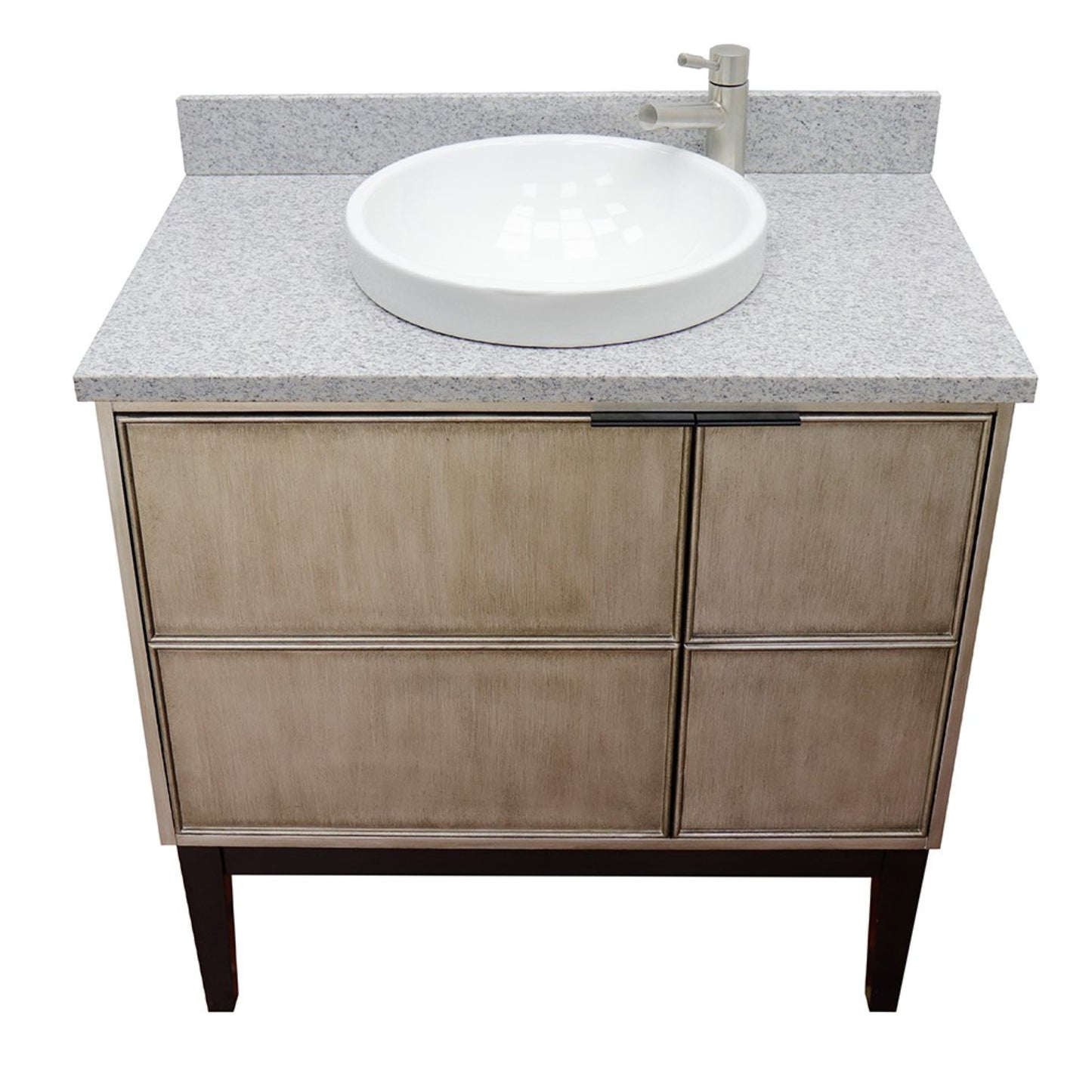 37" Single vanity in Linen Brown finish with Gray granite top and round sink