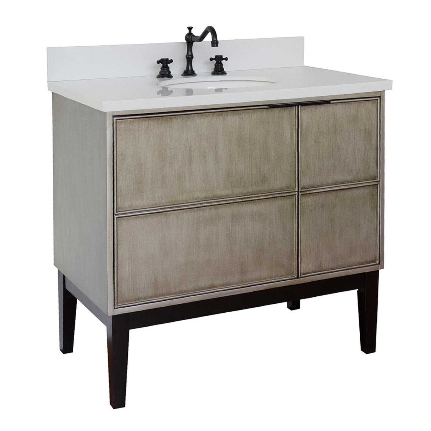 37" Single vanity in Linen Brown finish with White engineered stone top and oval sink