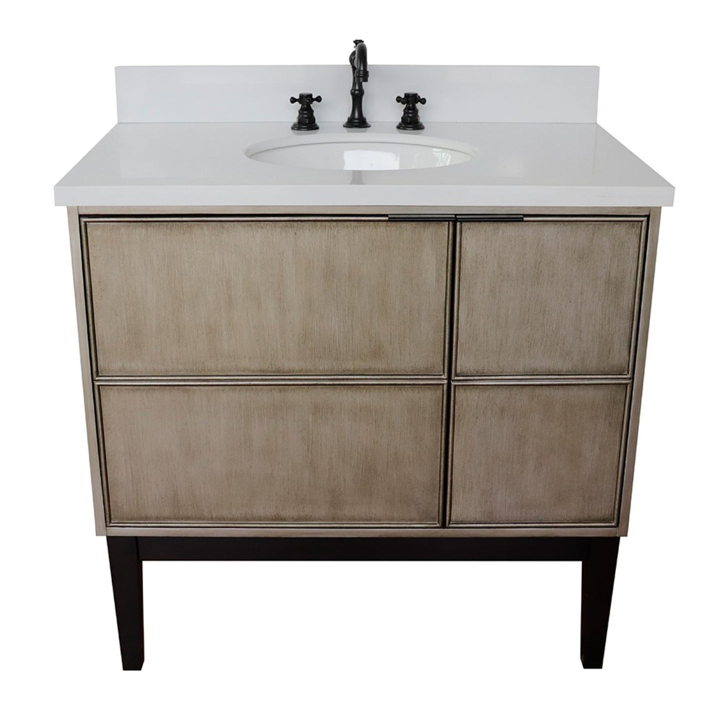 37" Single vanity in Linen Brown finish with White engineered stone top and oval sink