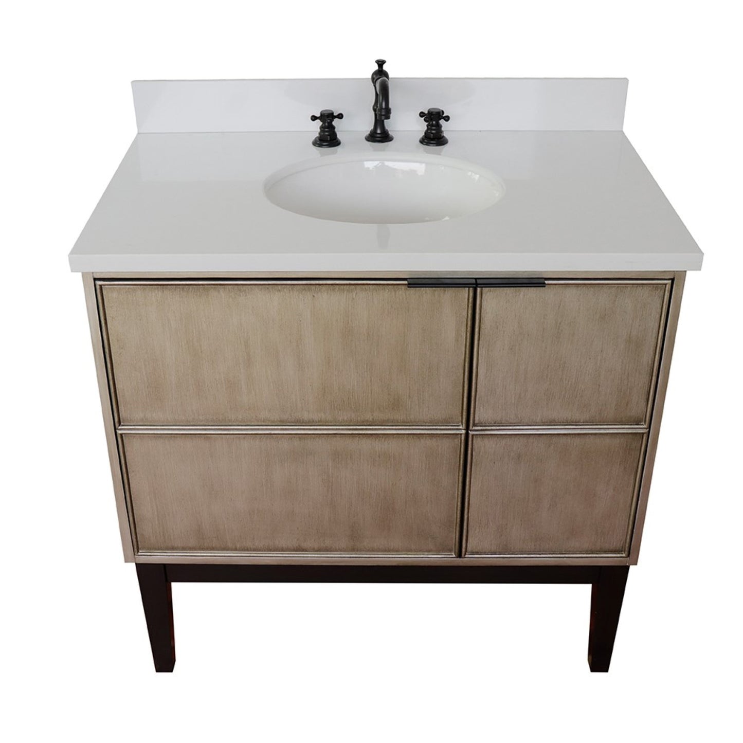 37" Single vanity in Linen Brown finish with White engineered stone top and oval sink