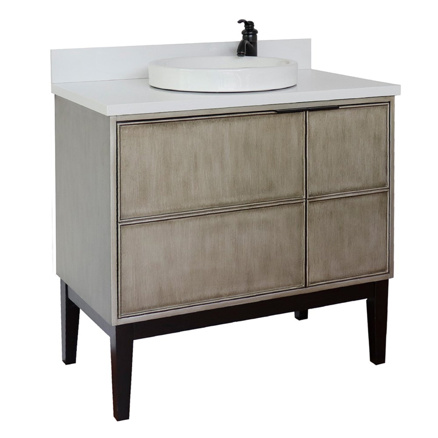 37" Single vanity in Linen Brown finish with White engineered stone top and round sink