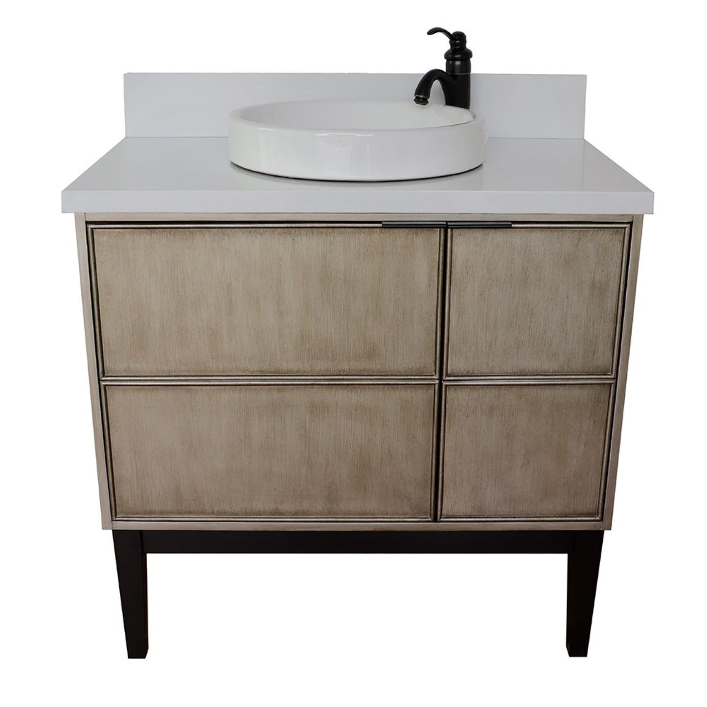 37" Single vanity in Linen Brown finish with White engineered stone top and round sink