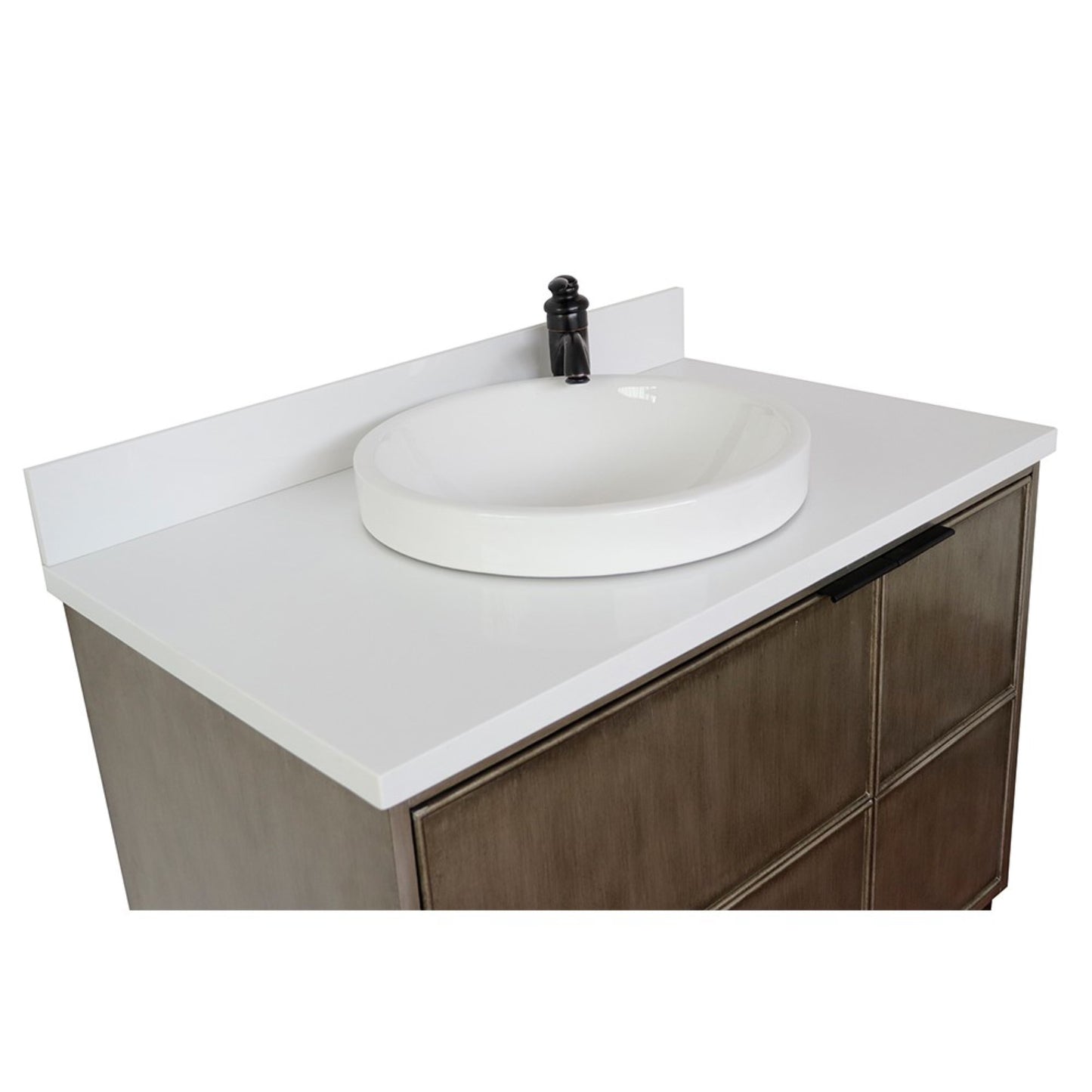 37" Single vanity in Linen Brown finish with White engineered stone top and round sink