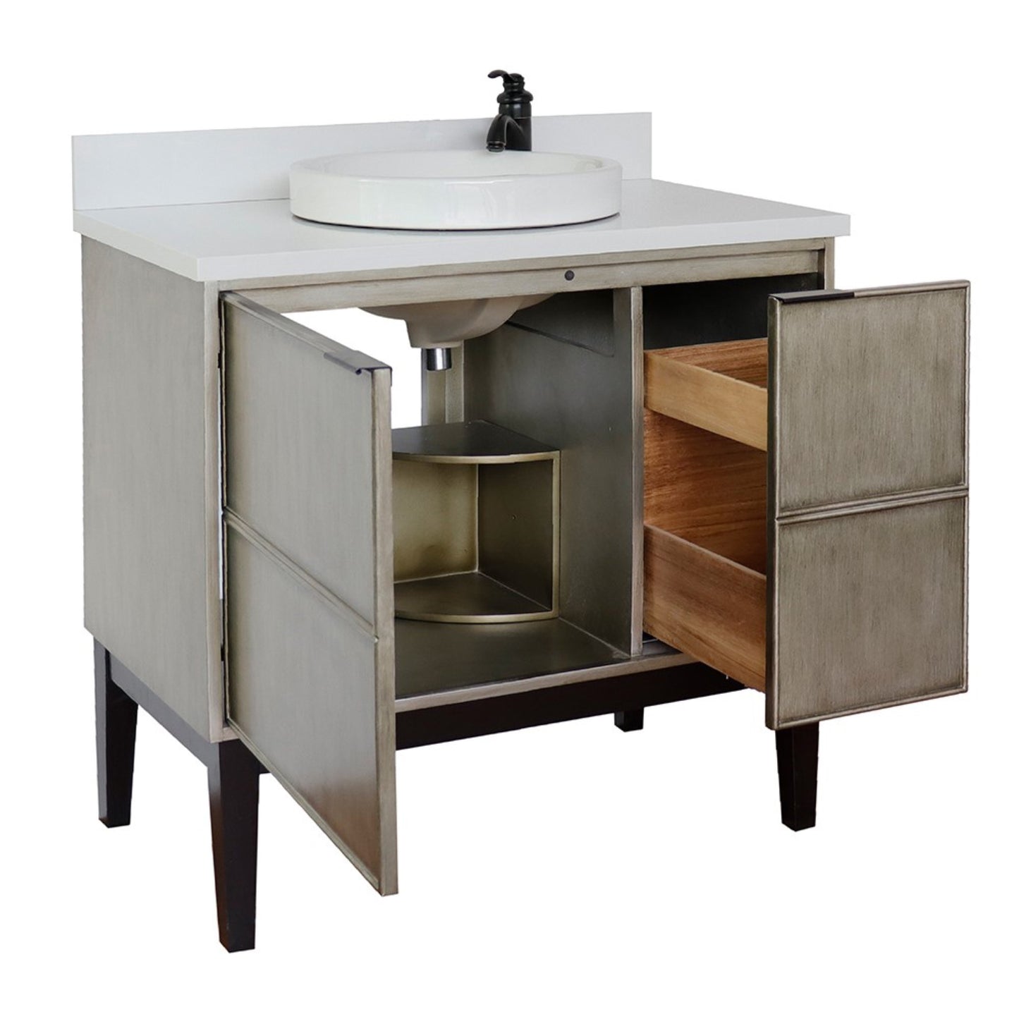37" Single vanity in Linen Brown finish with White engineered stone top and round sink