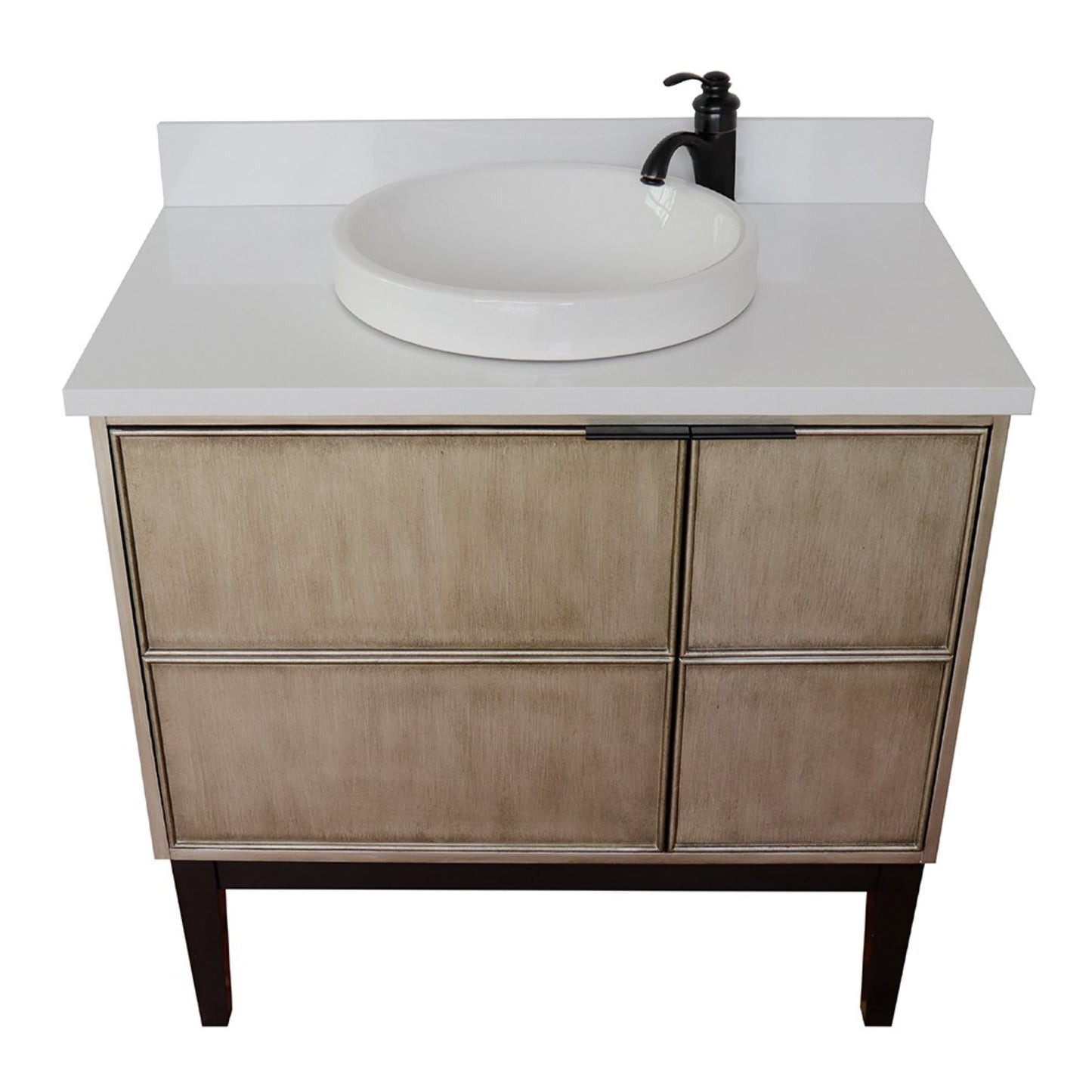 37" Single vanity in Linen Brown finish with White engineered stone top and round sink