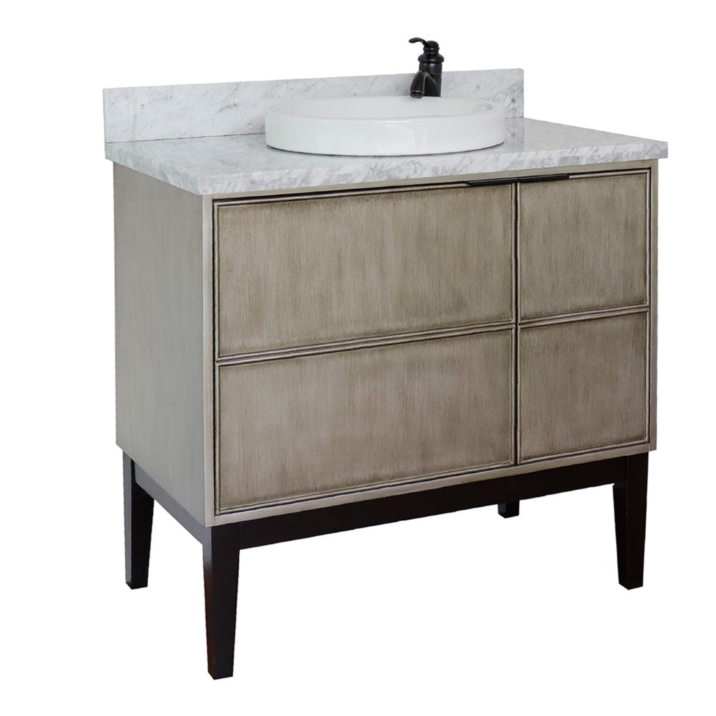 37" Single vanity in Linen Brown finish with White Carrara top and round sink