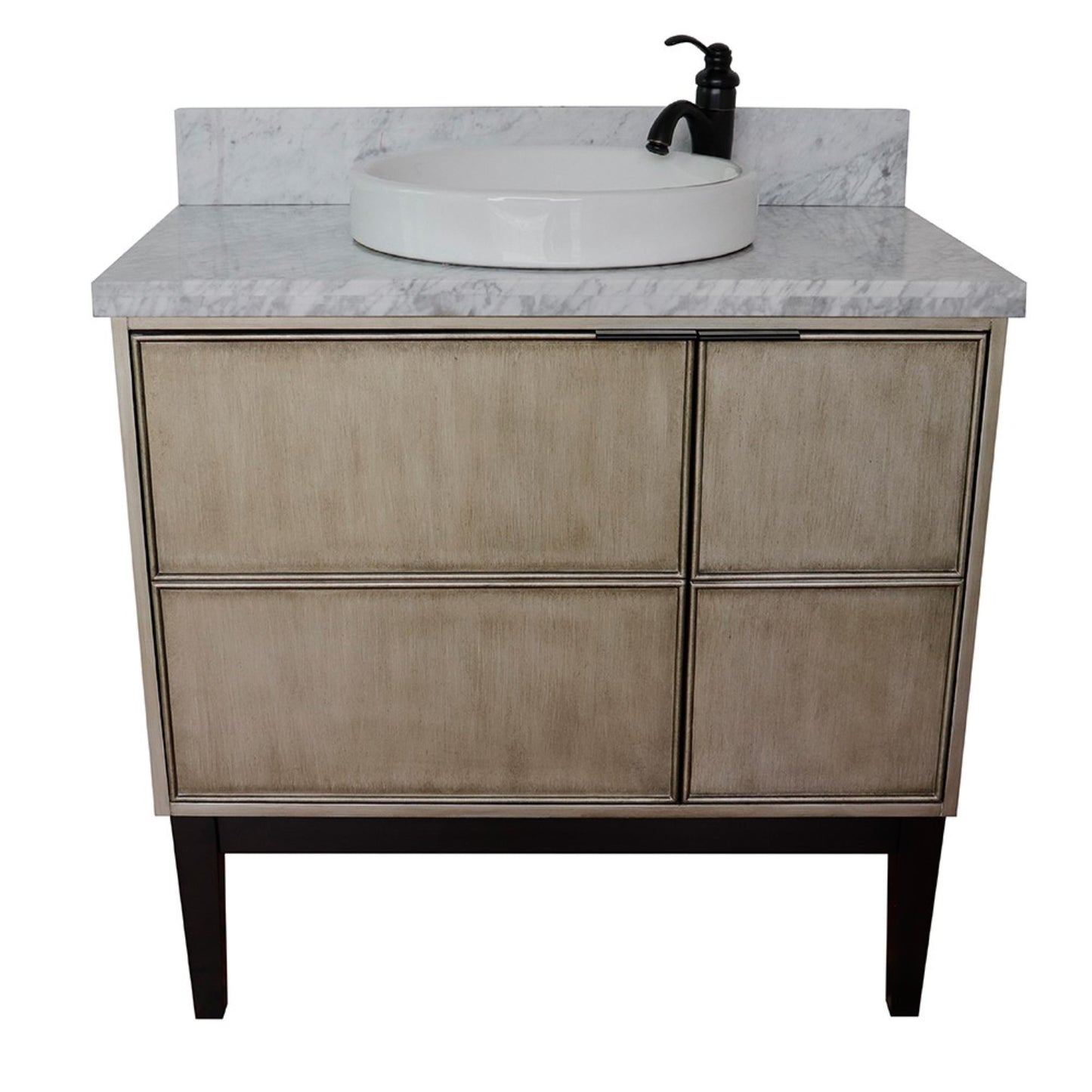 37" Single vanity in Linen Brown finish with White Carrara top and round sink