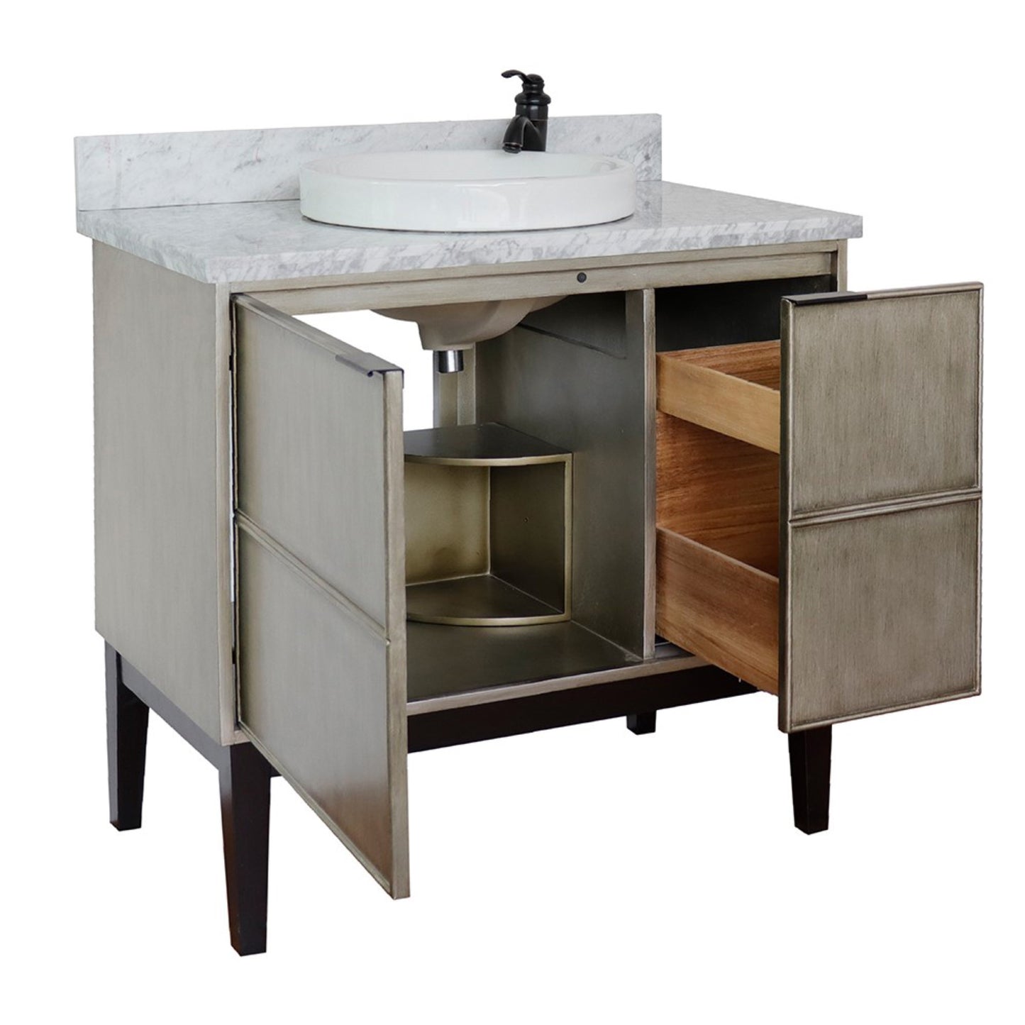 37" Single vanity in Linen Brown finish with White Carrara top and round sink