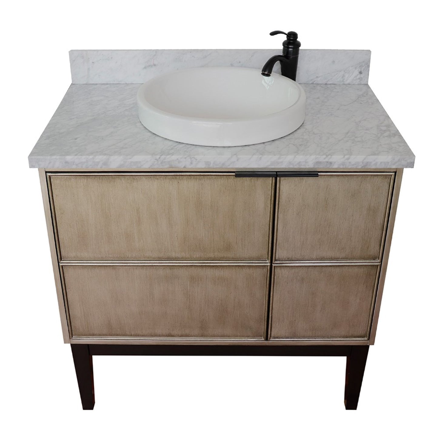 37" Single vanity in Linen Brown finish with White Carrara top and round sink