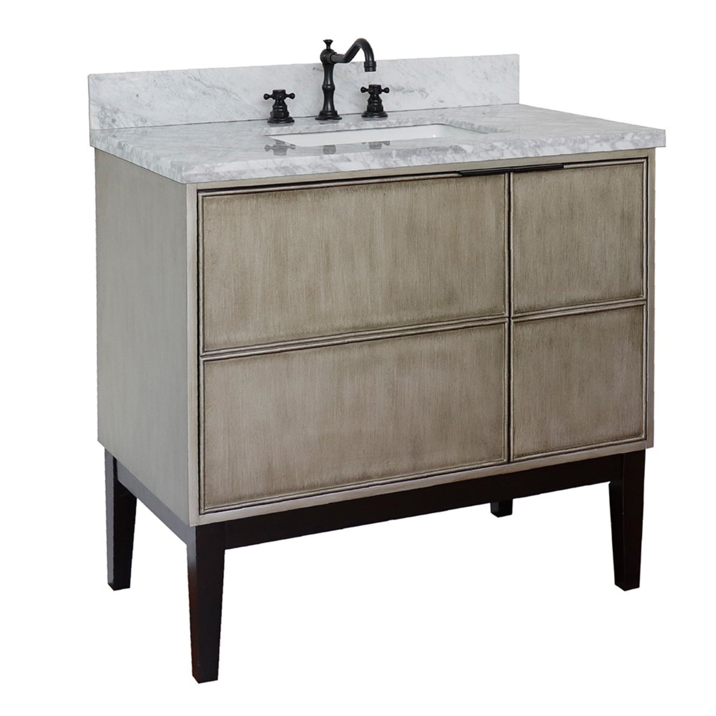 37" Single vanity in Linen Brown finish with White Carrara top and rectangle sink