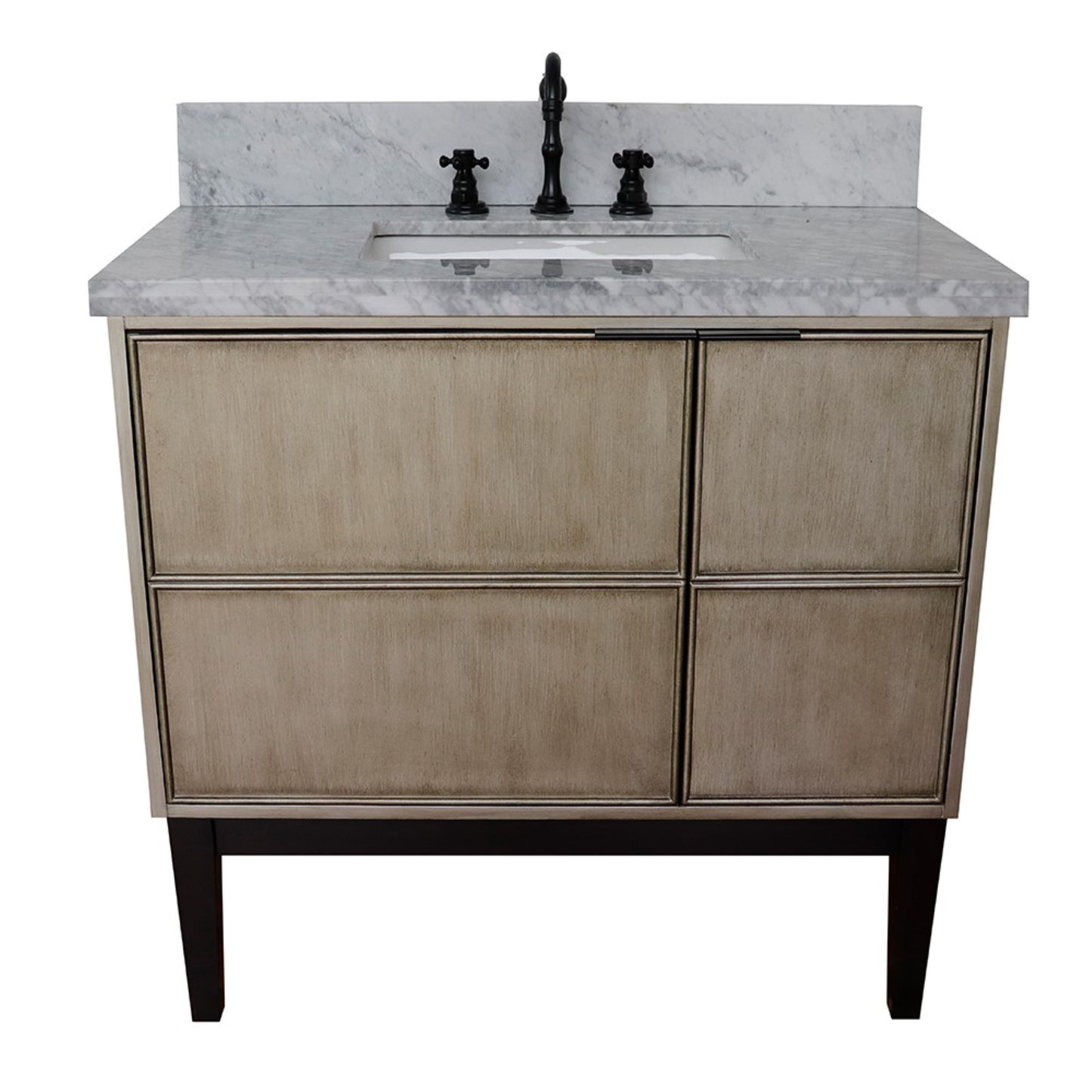 37" Single vanity in Linen Brown finish with White Carrara top and rectangle sink