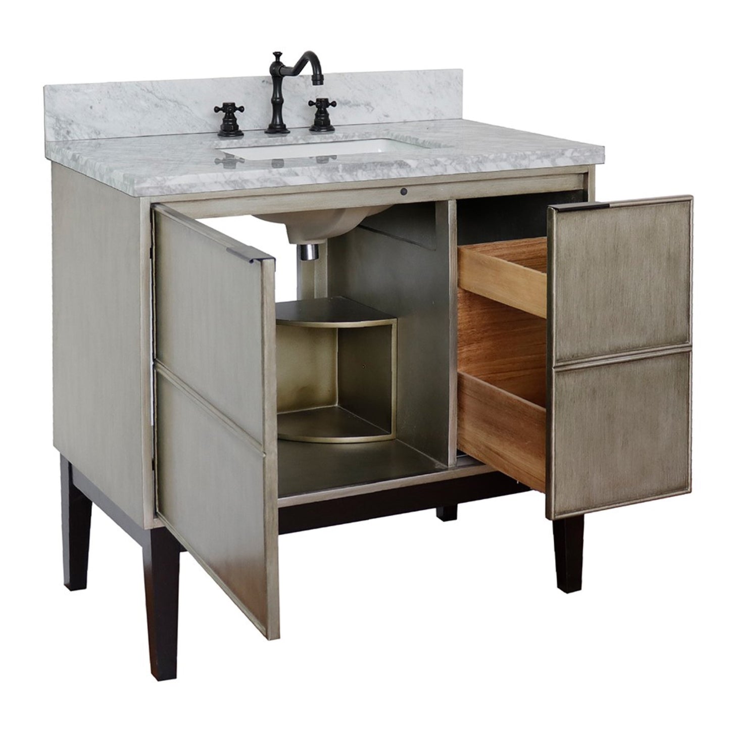 37" Single vanity in Linen Brown finish with White Carrara top and rectangle sink