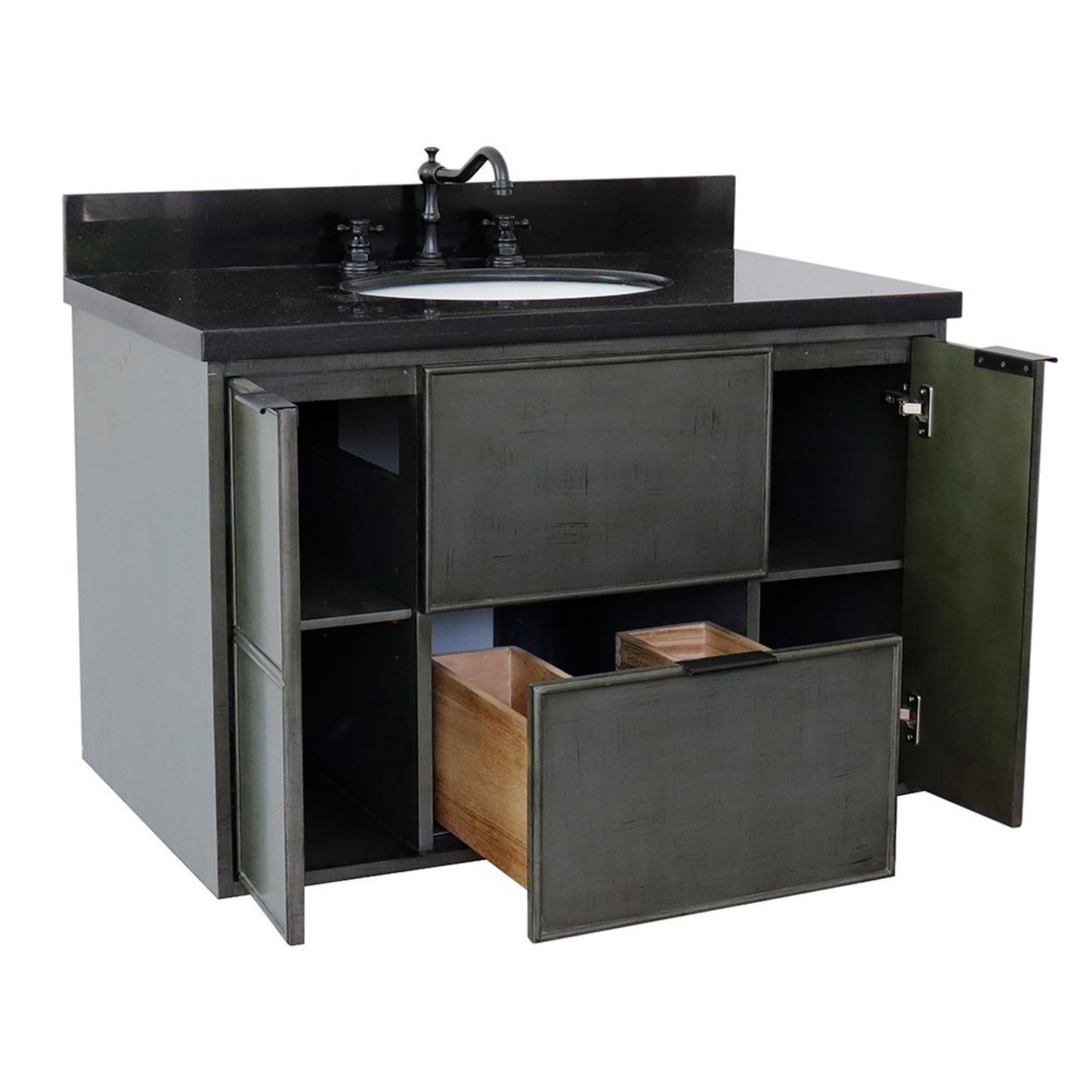 37" Single wall mount vanity in Linen Gray finish with Black Galaxy top and oval sink