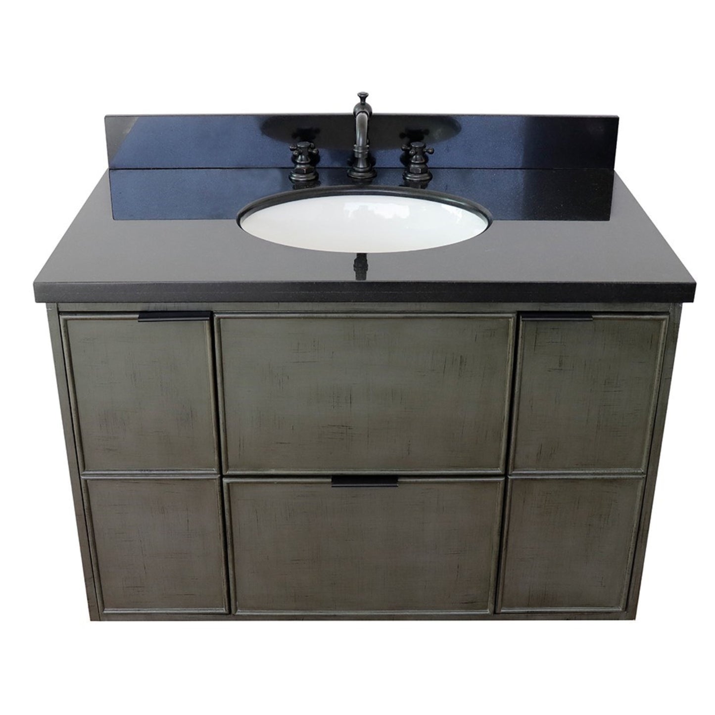 37" Single wall mount vanity in Linen Gray finish with Black Galaxy top and oval sink