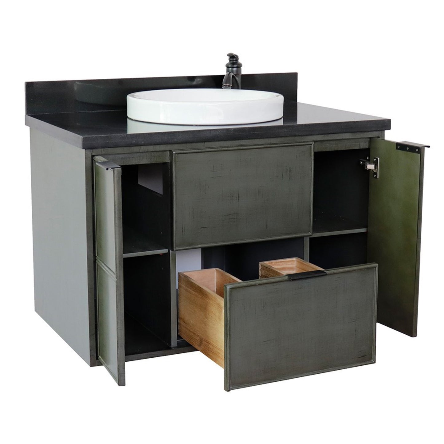 37" Single wall mount vanity in Linen Gray finish with Black Galaxy top and round sink