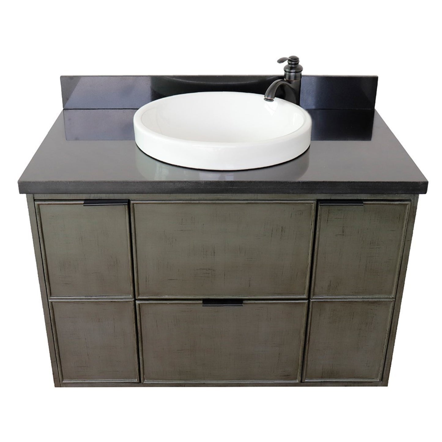 37" Single wall mount vanity in Linen Gray finish with Black Galaxy top and round sink
