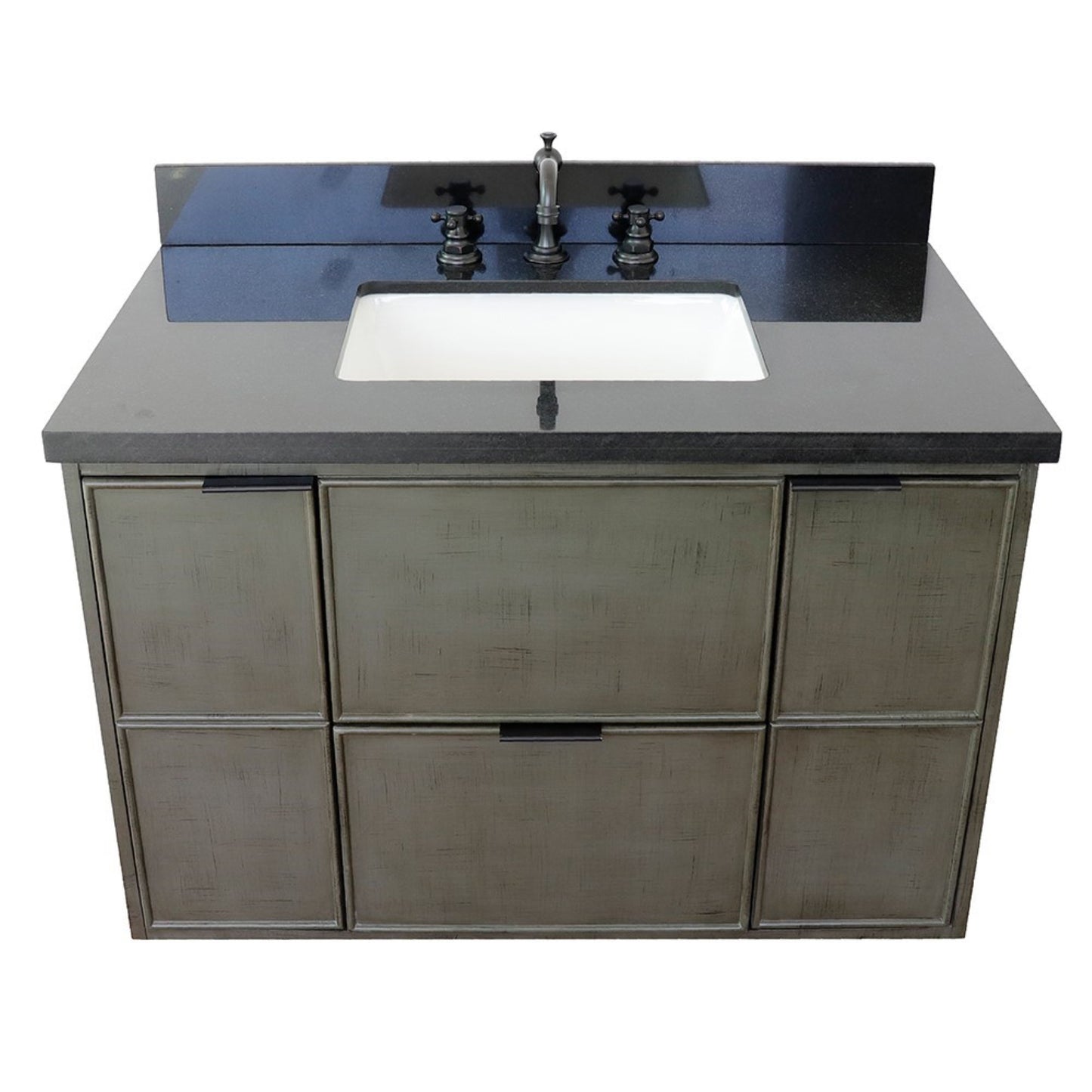 37" Single wall mount vanity in Linen Gray finish with Black Galaxy top and rectangle sink