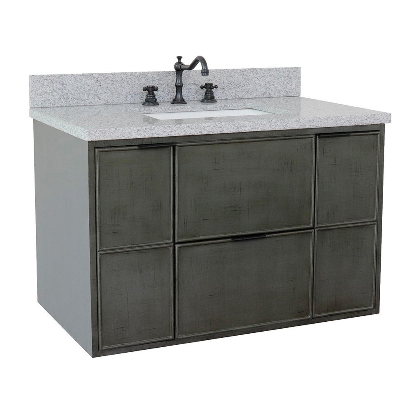 37" Single wall mount vanity in Linen Gray finish with Gray granite top and rectangle sink