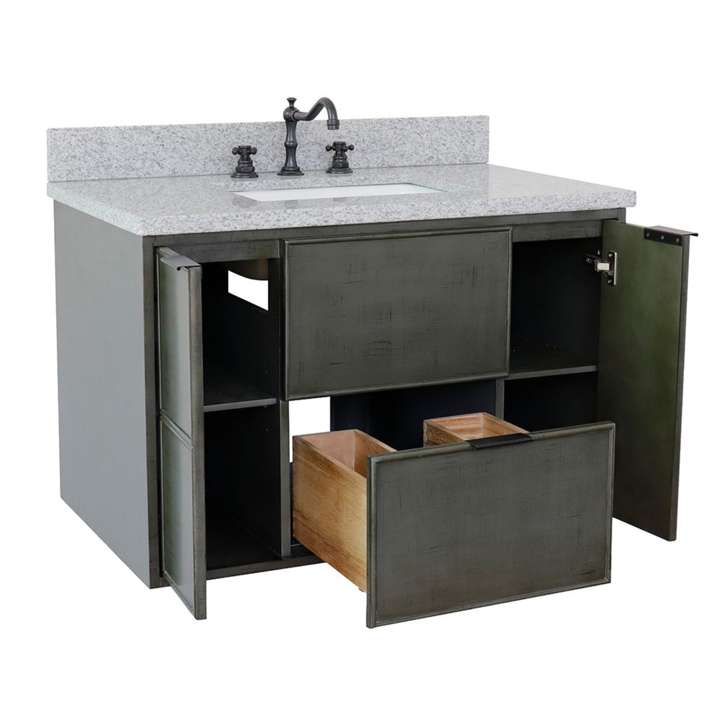 37" Single wall mount vanity in Linen Gray finish with Gray granite top and rectangle sink