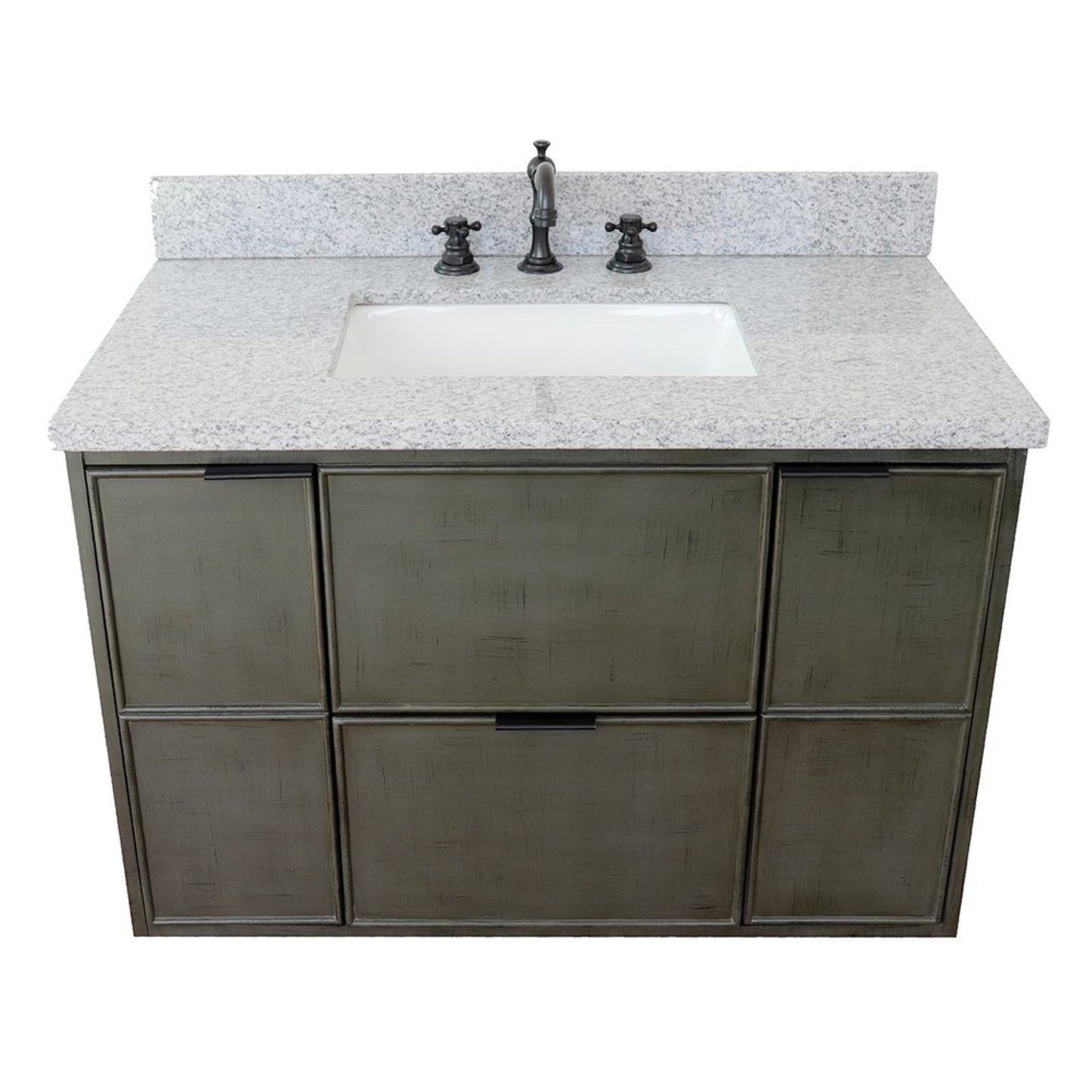 37" Single wall mount vanity in Linen Gray finish with Gray granite top and rectangle sink