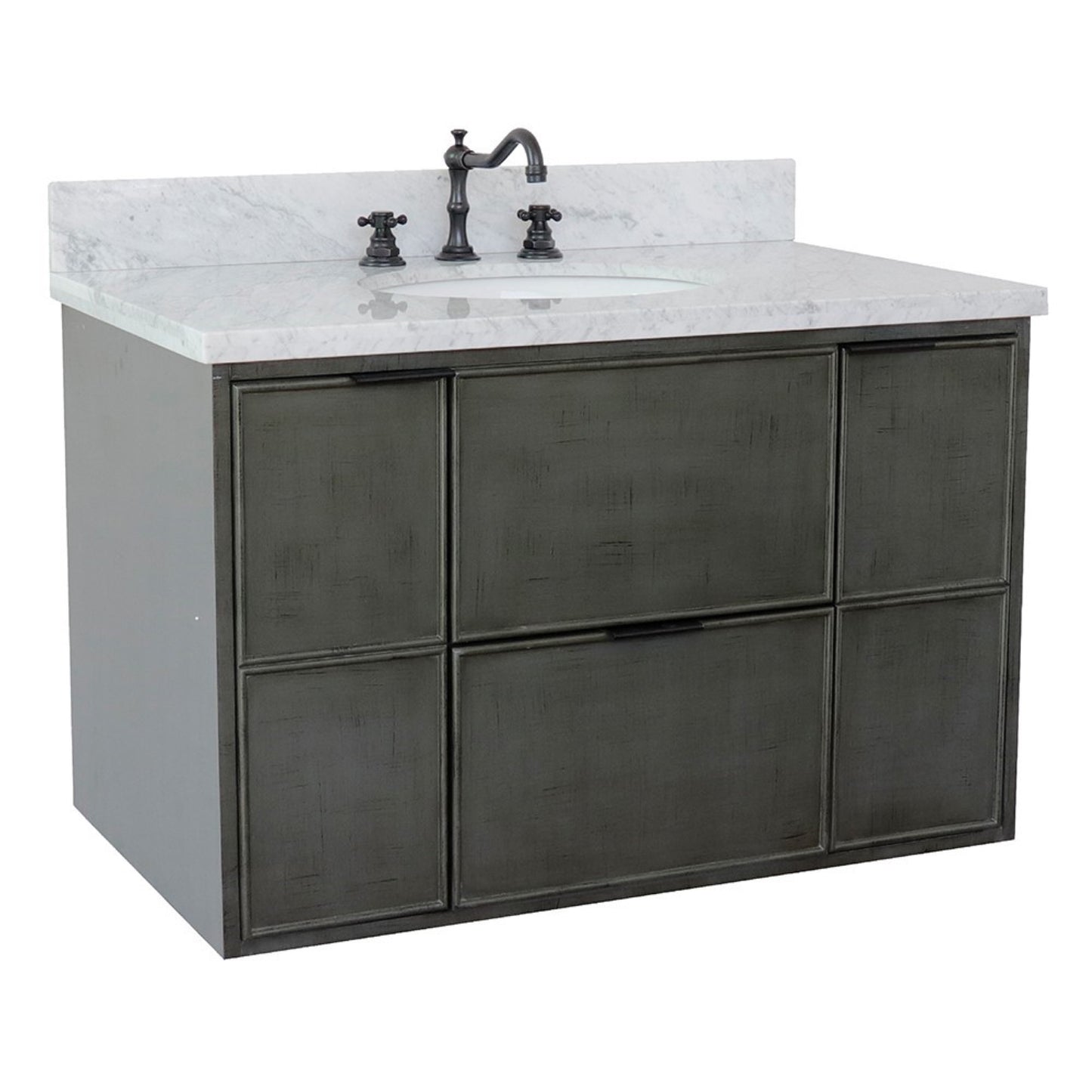 37" Single wall mount vanity in Linen Gray finish with White Carrara top and oval sink