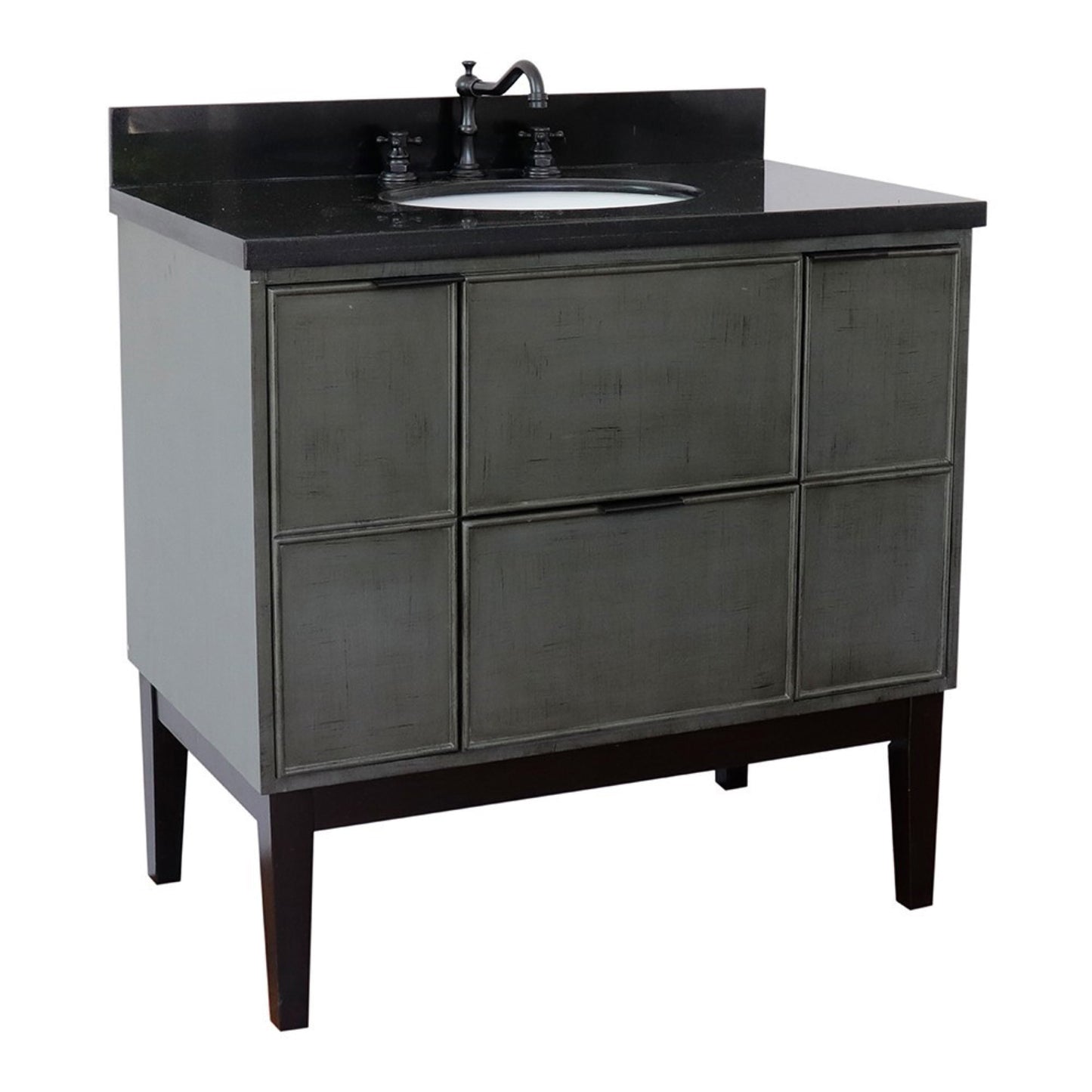 37" Single vanity in Linen Gray finish with Black Galaxy top and oval sink