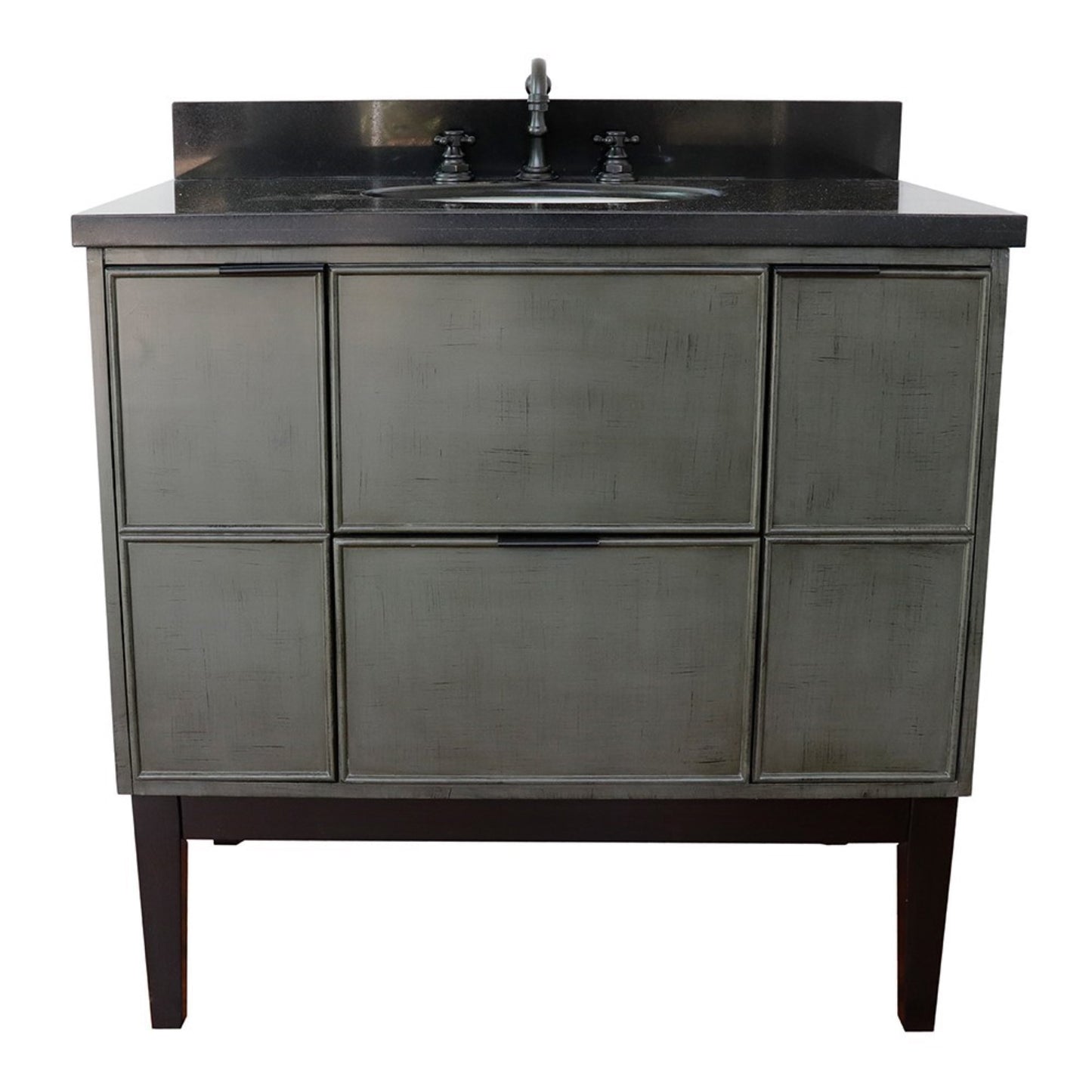 37" Single vanity in Linen Gray finish with Black Galaxy top and oval sink