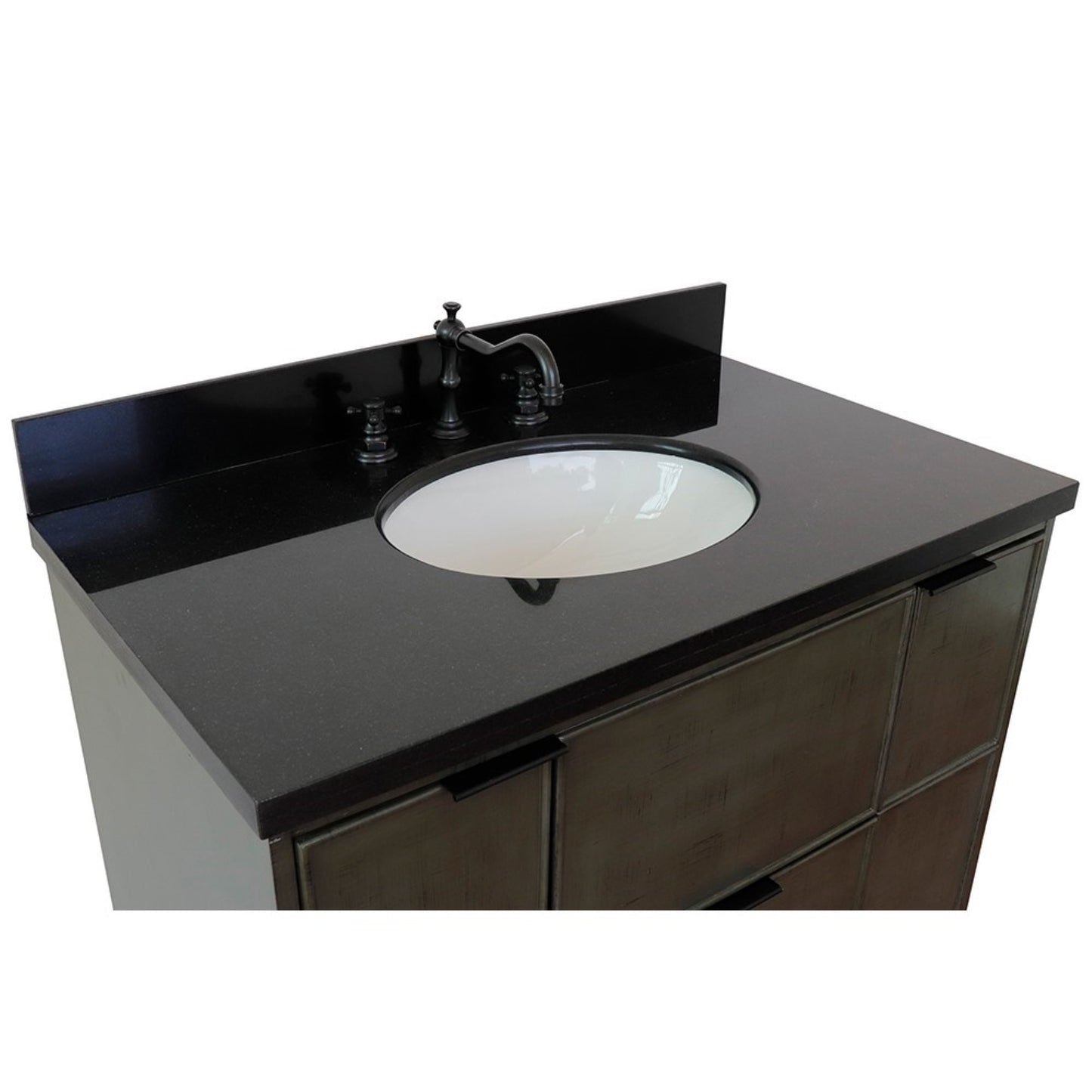 37" Single vanity in Linen Gray finish with Black Galaxy top and oval sink