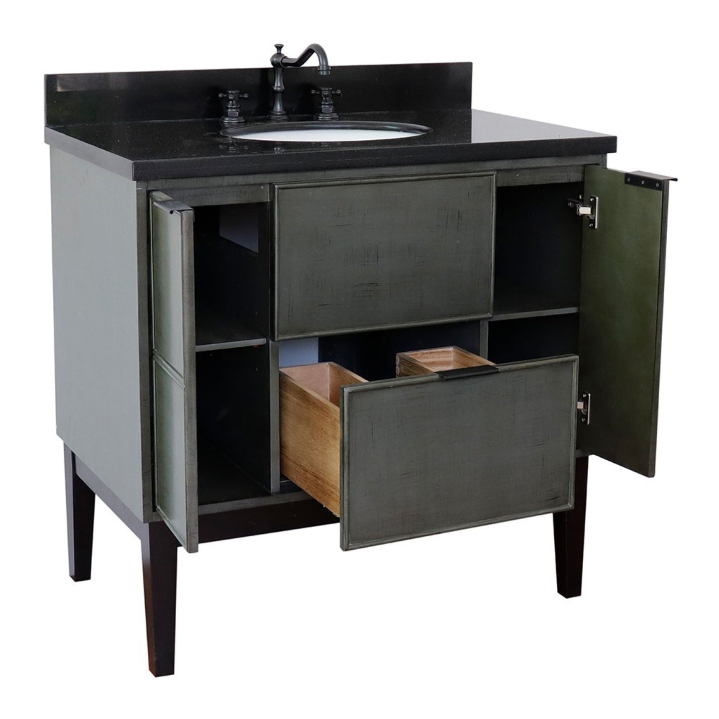 37" Single vanity in Linen Gray finish with Black Galaxy top and oval sink
