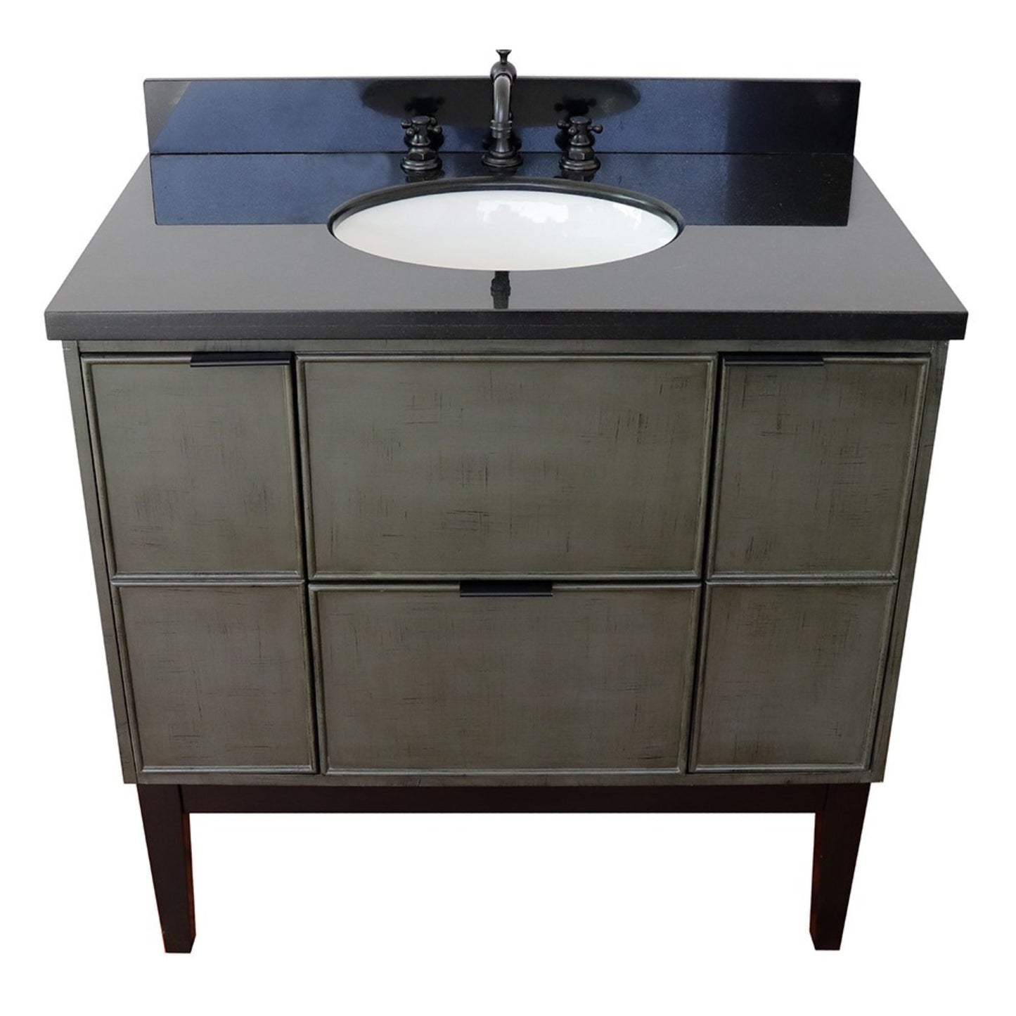 37" Single vanity in Linen Gray finish with Black Galaxy top and oval sink