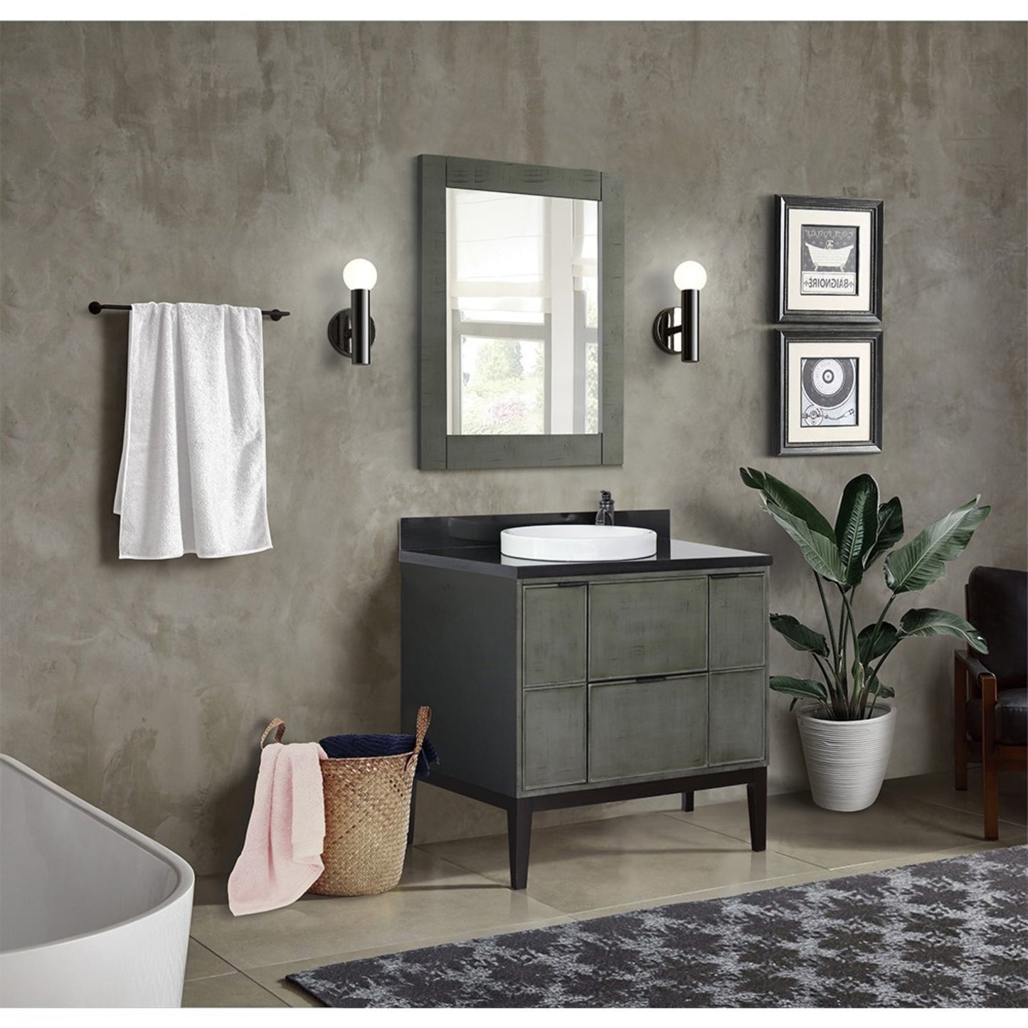 37" Single vanity in Linen Gray finish with Black Galaxy top and round sink