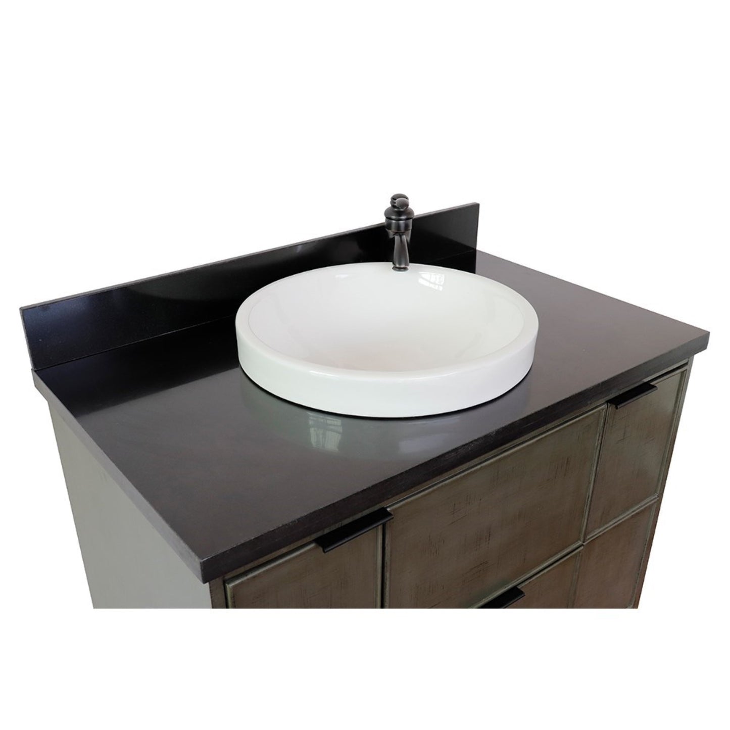 37" Single vanity in Linen Gray finish with Black Galaxy top and round sink