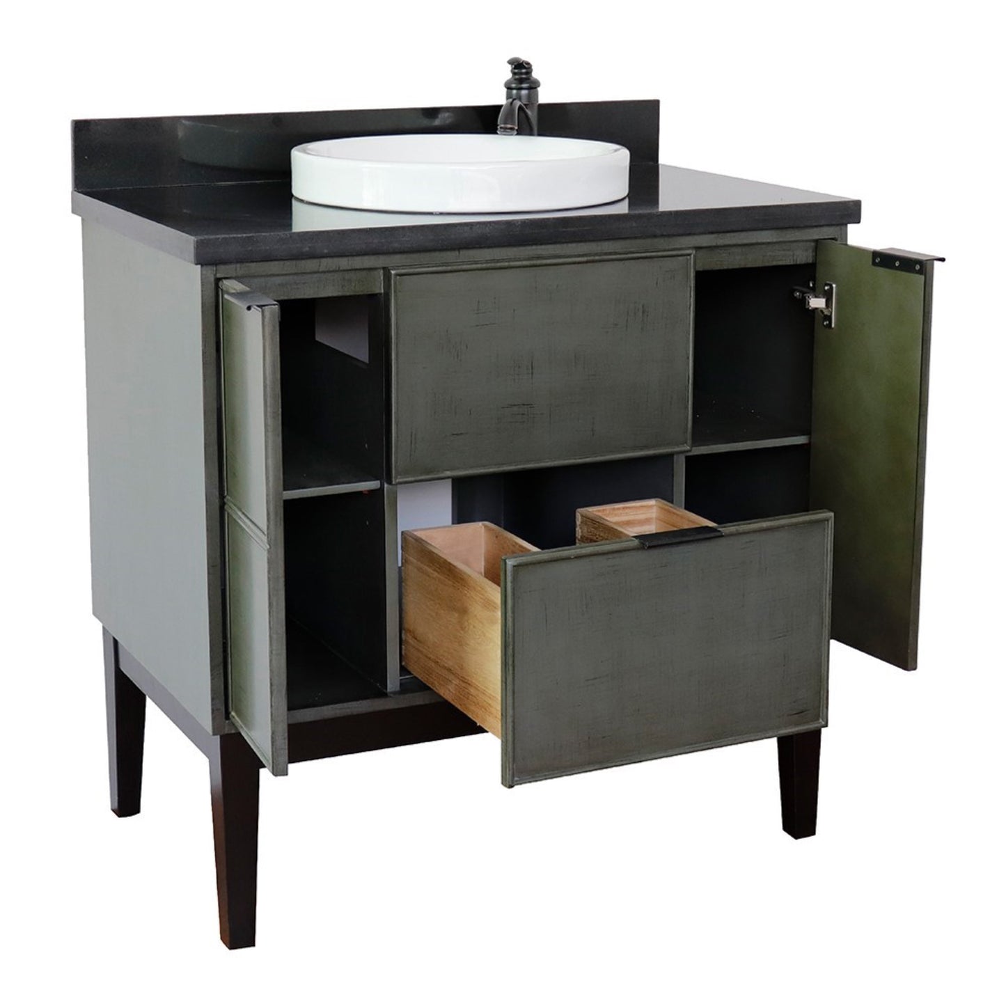 37" Single vanity in Linen Gray finish with Black Galaxy top and round sink