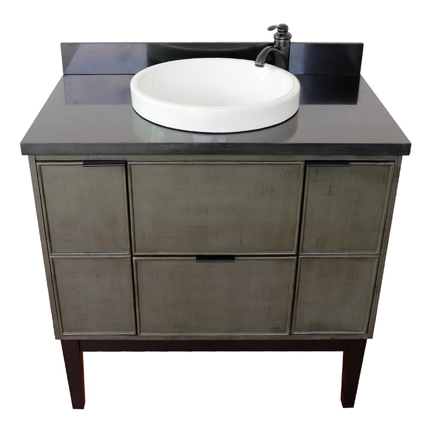 37" Single vanity in Linen Gray finish with Black Galaxy top and round sink