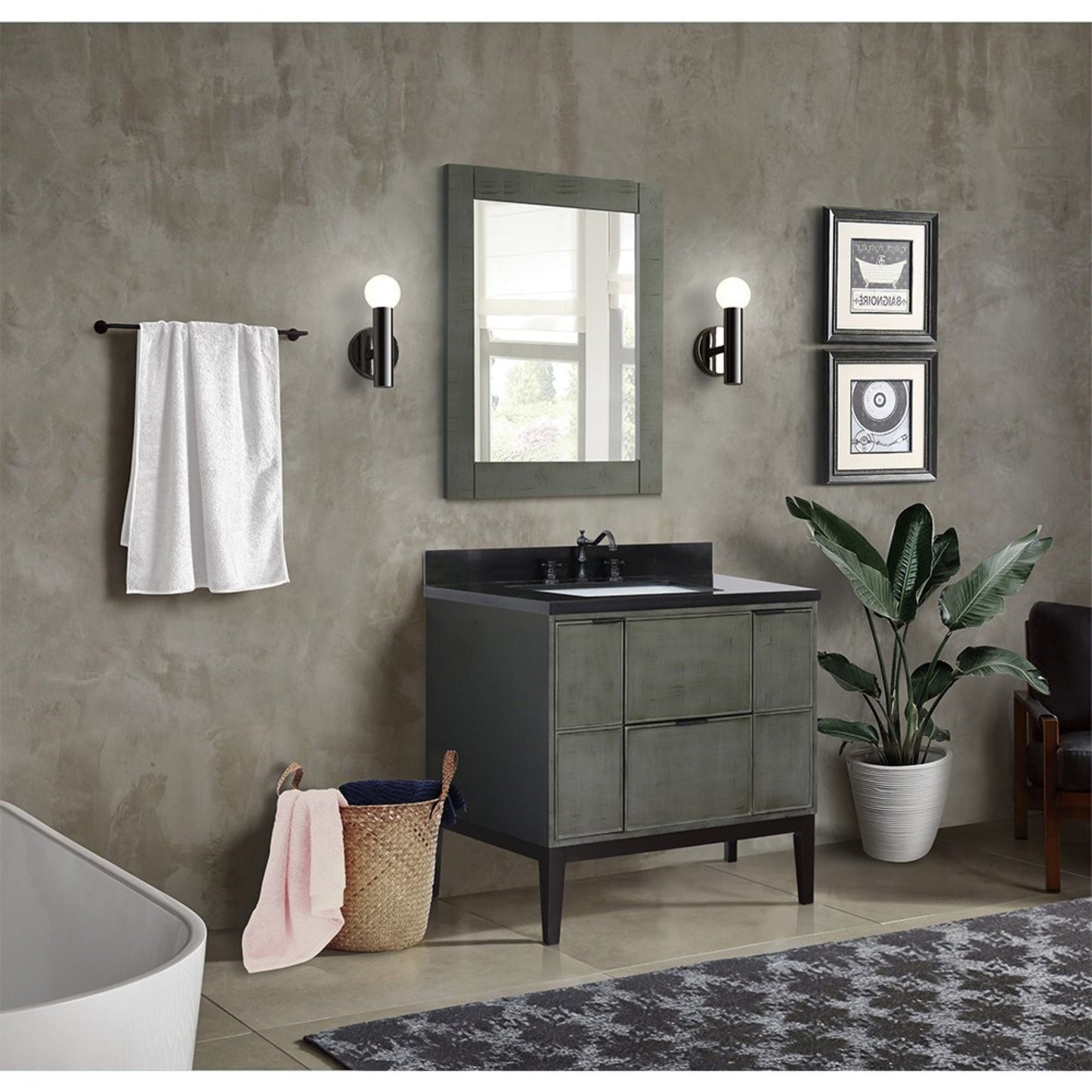 37" Single vanity in Linen Gray finish with Black Galaxy top and rectangle sink