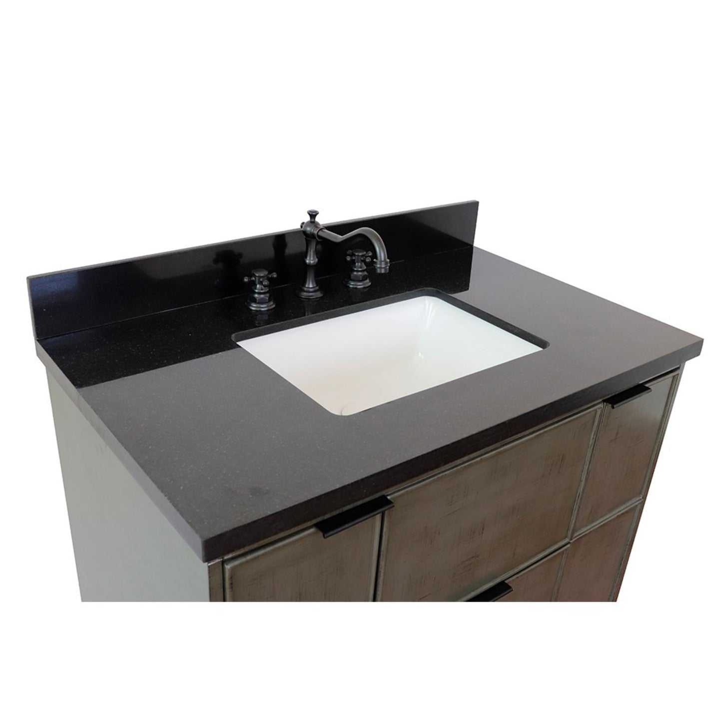 37" Single vanity in Linen Gray finish with Black Galaxy top and rectangle sink