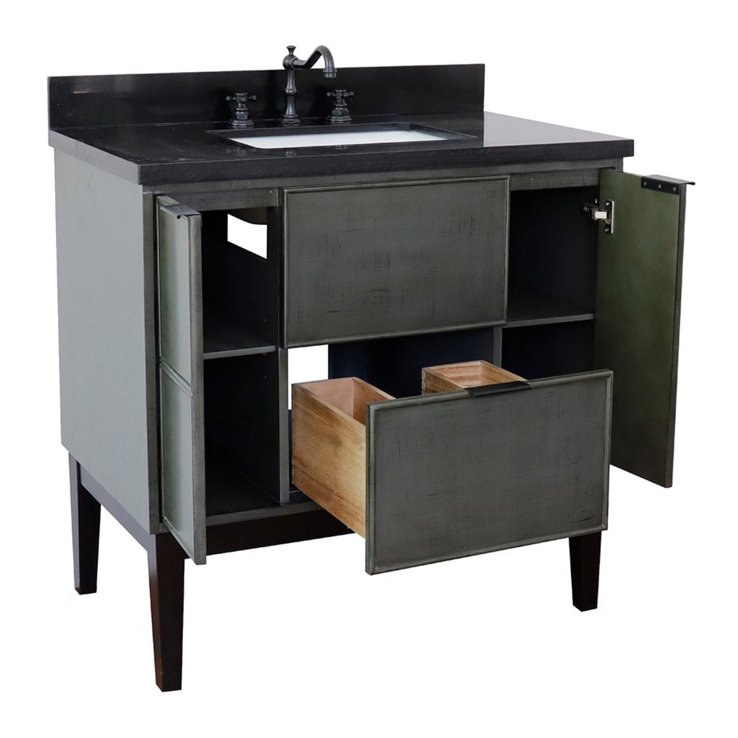 37" Single vanity in Linen Gray finish with Black Galaxy top and rectangle sink
