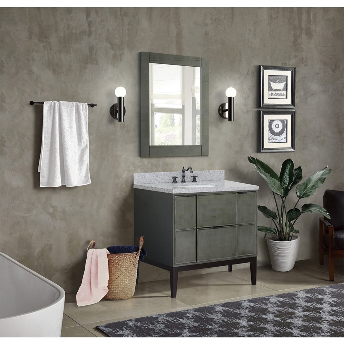 37" Single vanity in Linen Gray finish with Gray granite top and oval sink